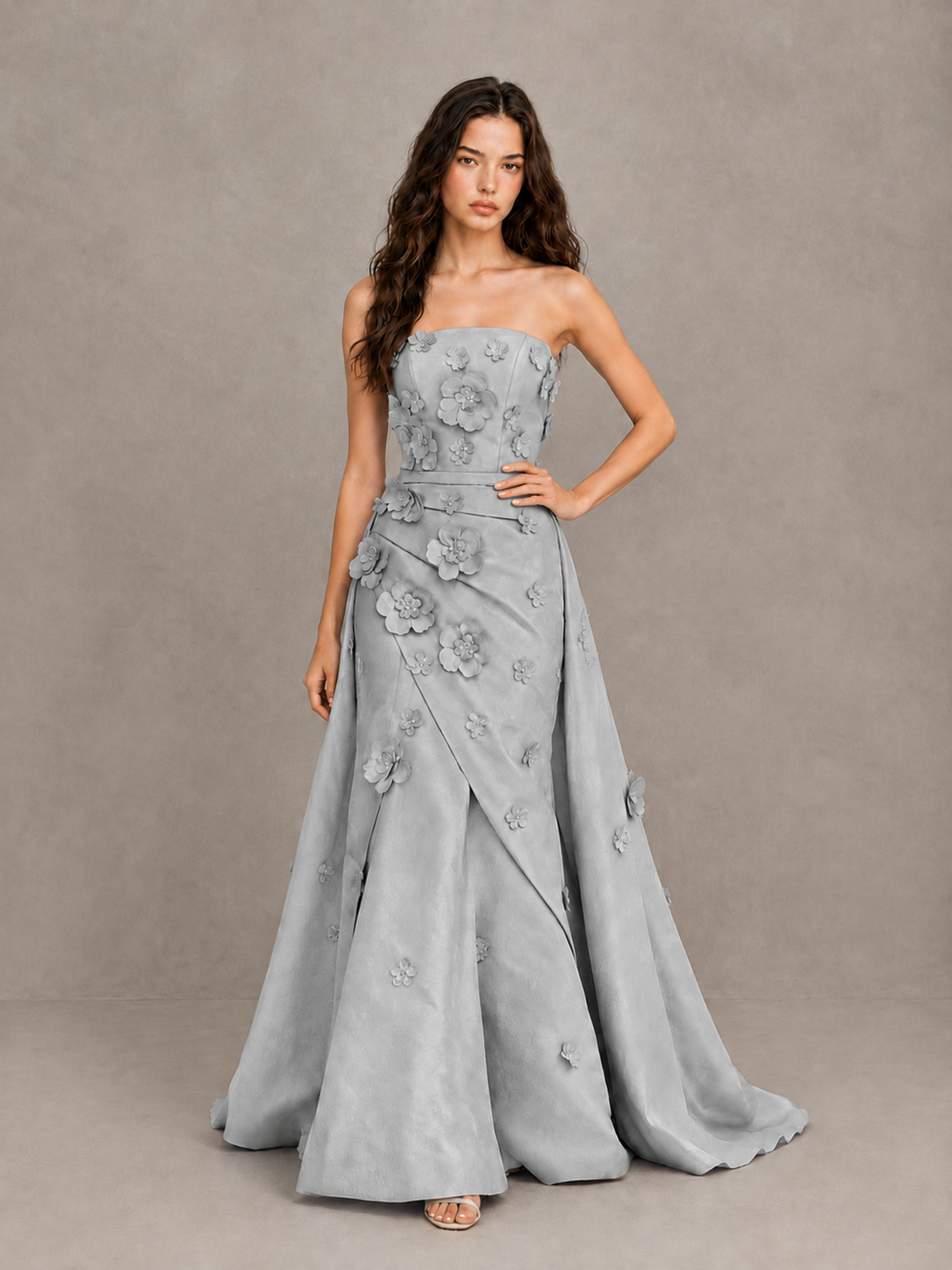 BOLODOO Silver Strapless 3D Floral Applique Prom Gown with Draped Skirt - Silver - Silver (4)