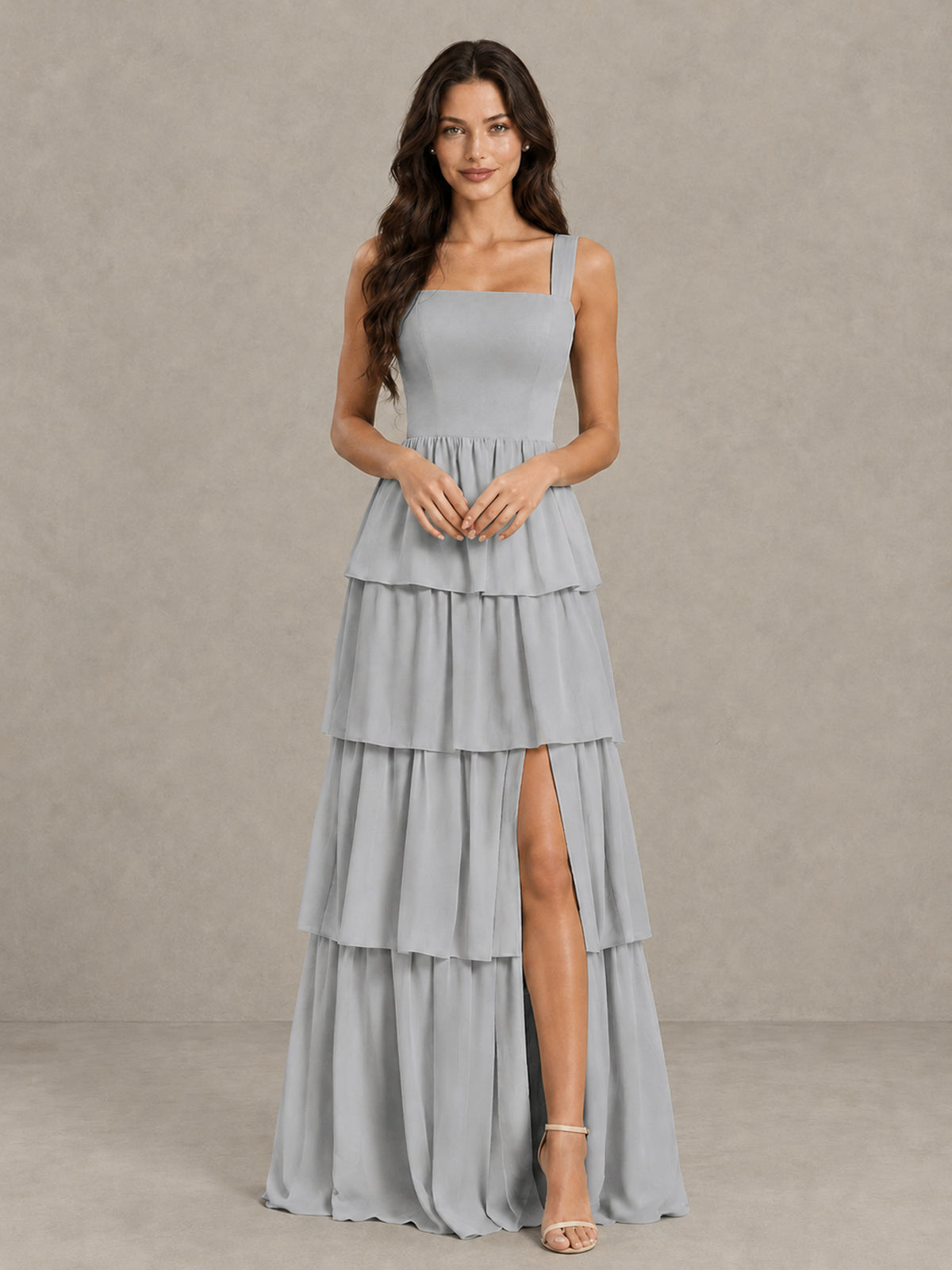 BOLODOO Silver Square Neck Tiered Bridesmaid Dress with Slit - Silver - Silver (4)