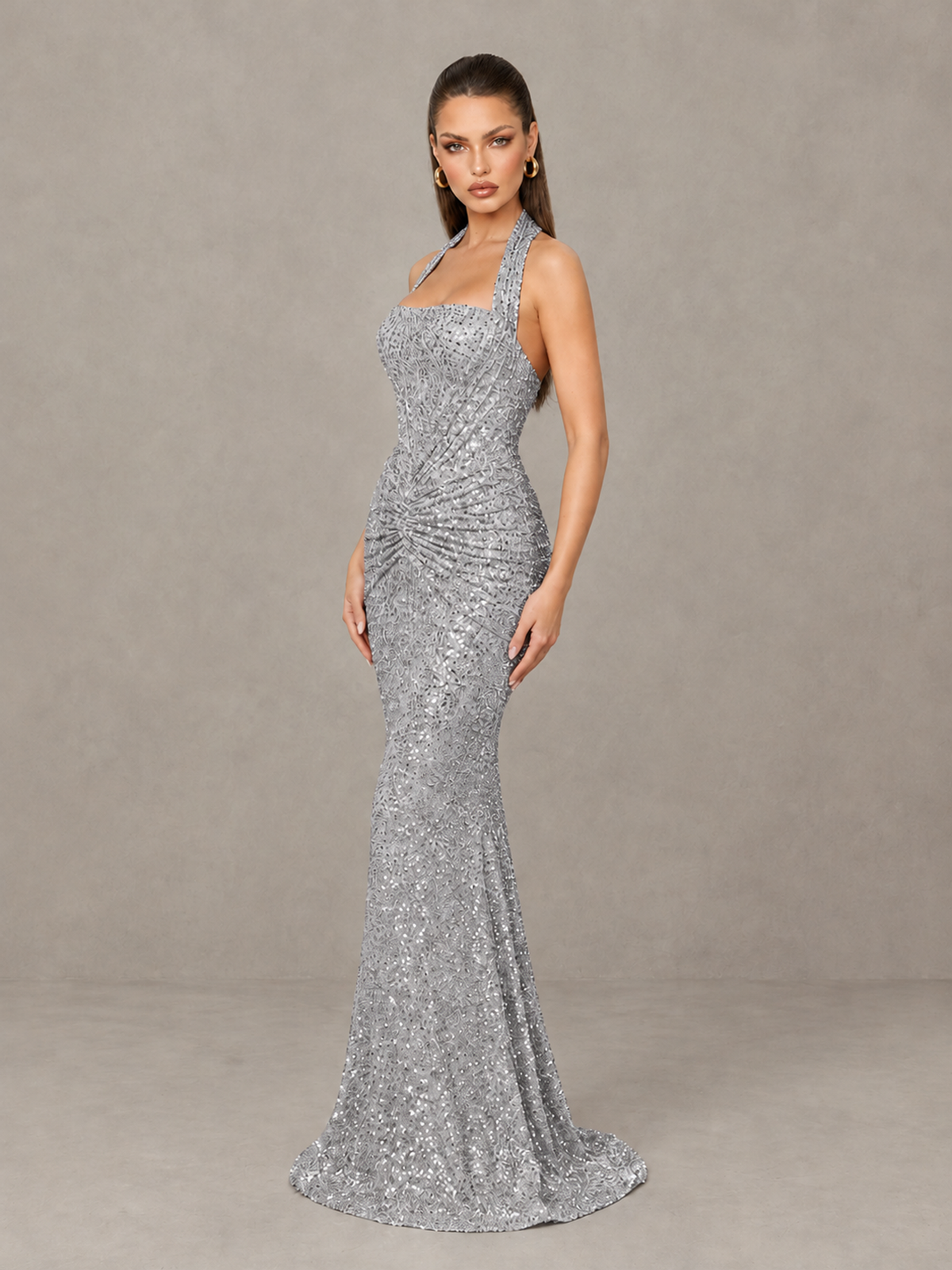 BOLODOO Silver Sequin Halter Mermaid Evening Gown - Silver - Silver (4)