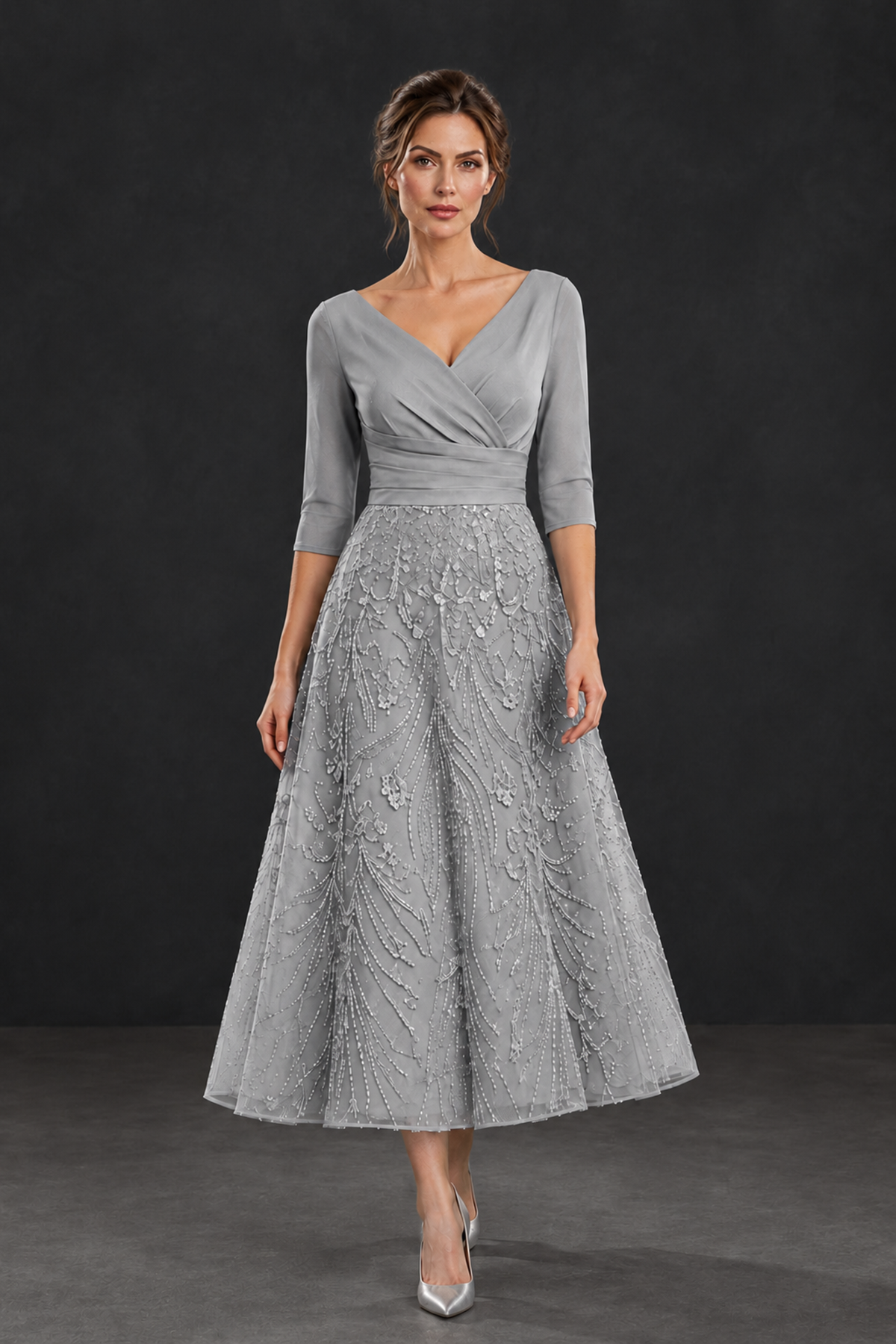 BOLODOO Silver V-Neck Tea-Length Lace Mother of the Bride Dress - Silver