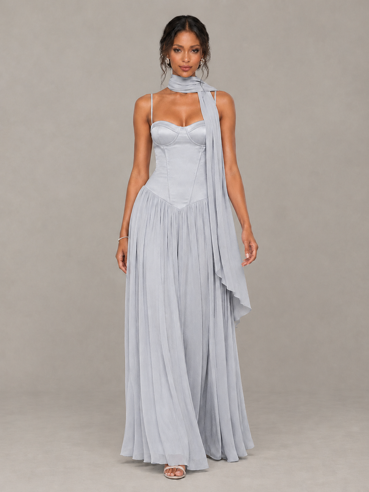 BOLODOO Silver Corset Bridesmaid Dress with Scarf - Silver - Silver (4)