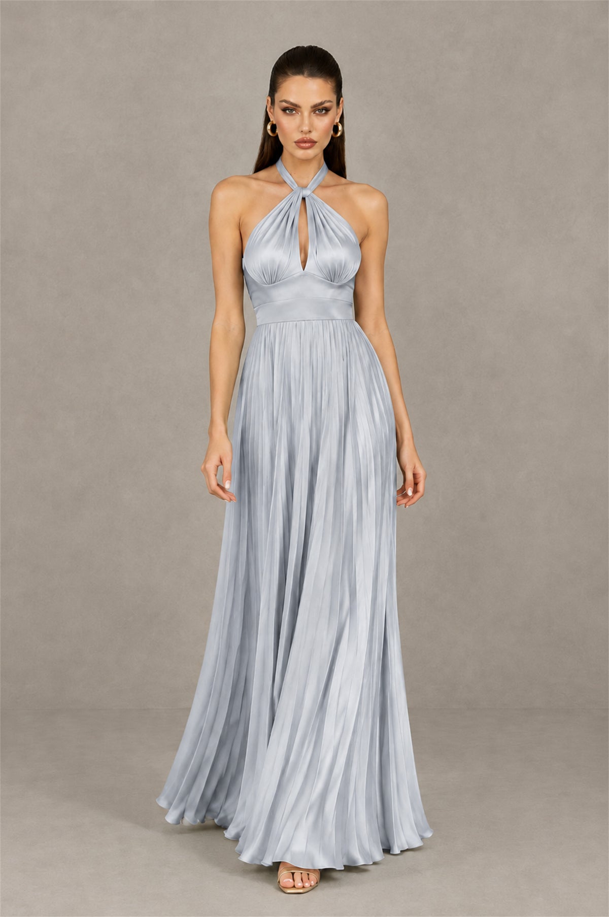 BOLODOO Silver Halter Pleated A-Line Evening Dress - Silver - Silver (4)