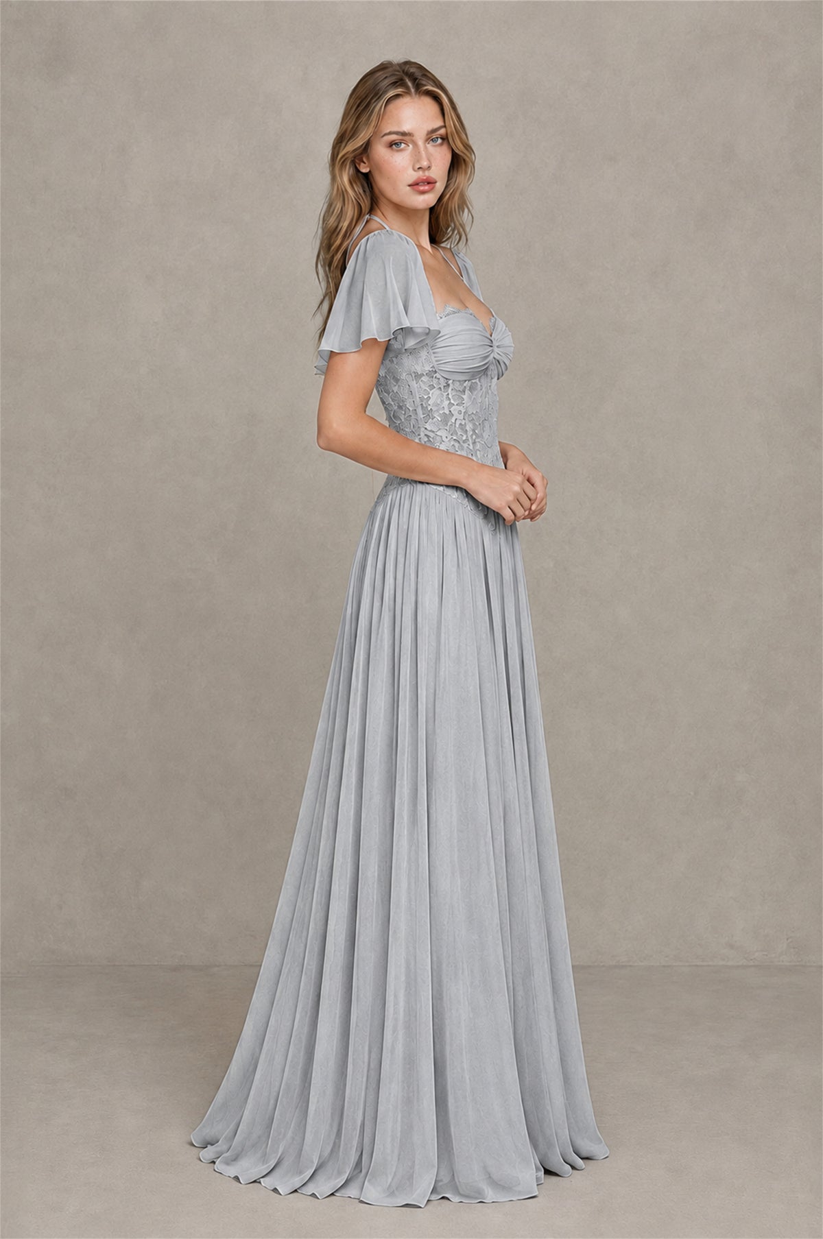 BOLODOO Silver Flutter Sleeve Lace Corset A-Line Maxi Dress - Silver - Silver (4)