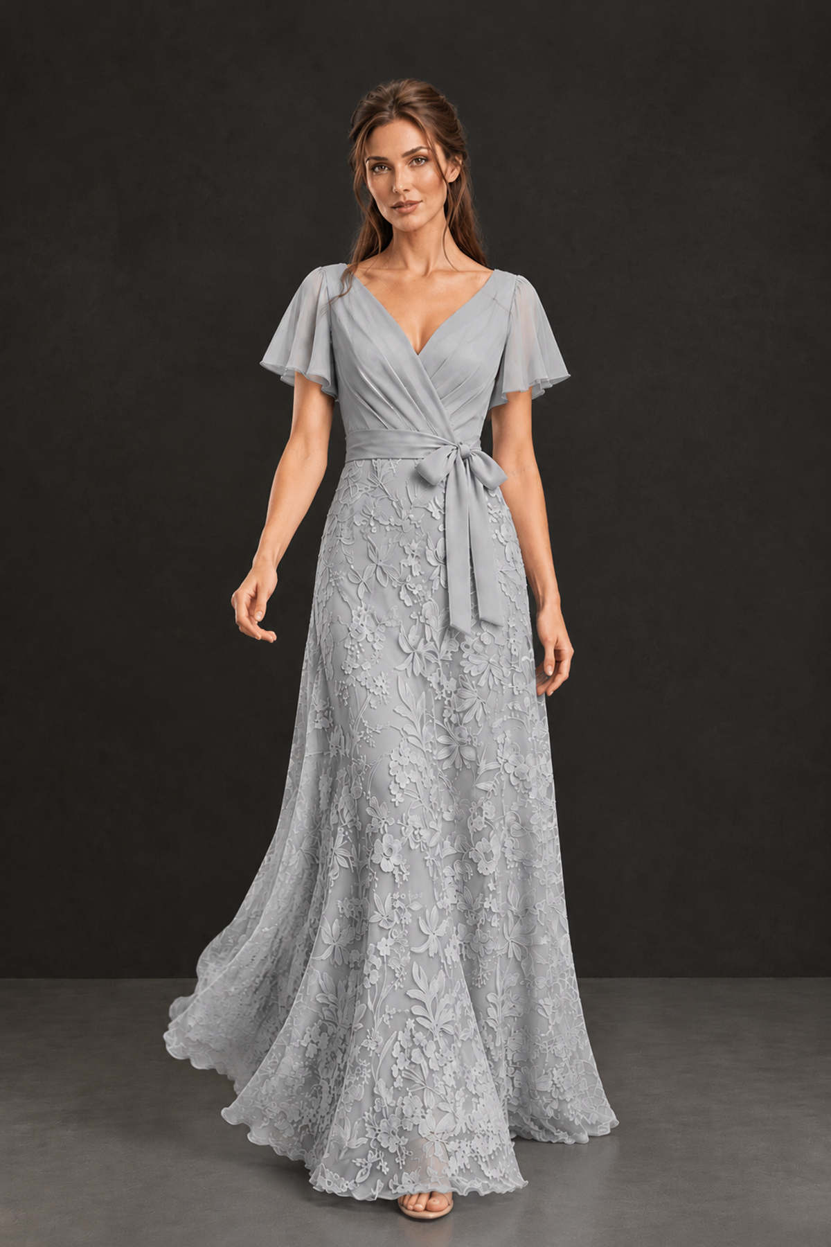 BOLODOO Silver Flutter Sleeve Lace Mother of the Bride Dress - Silver
