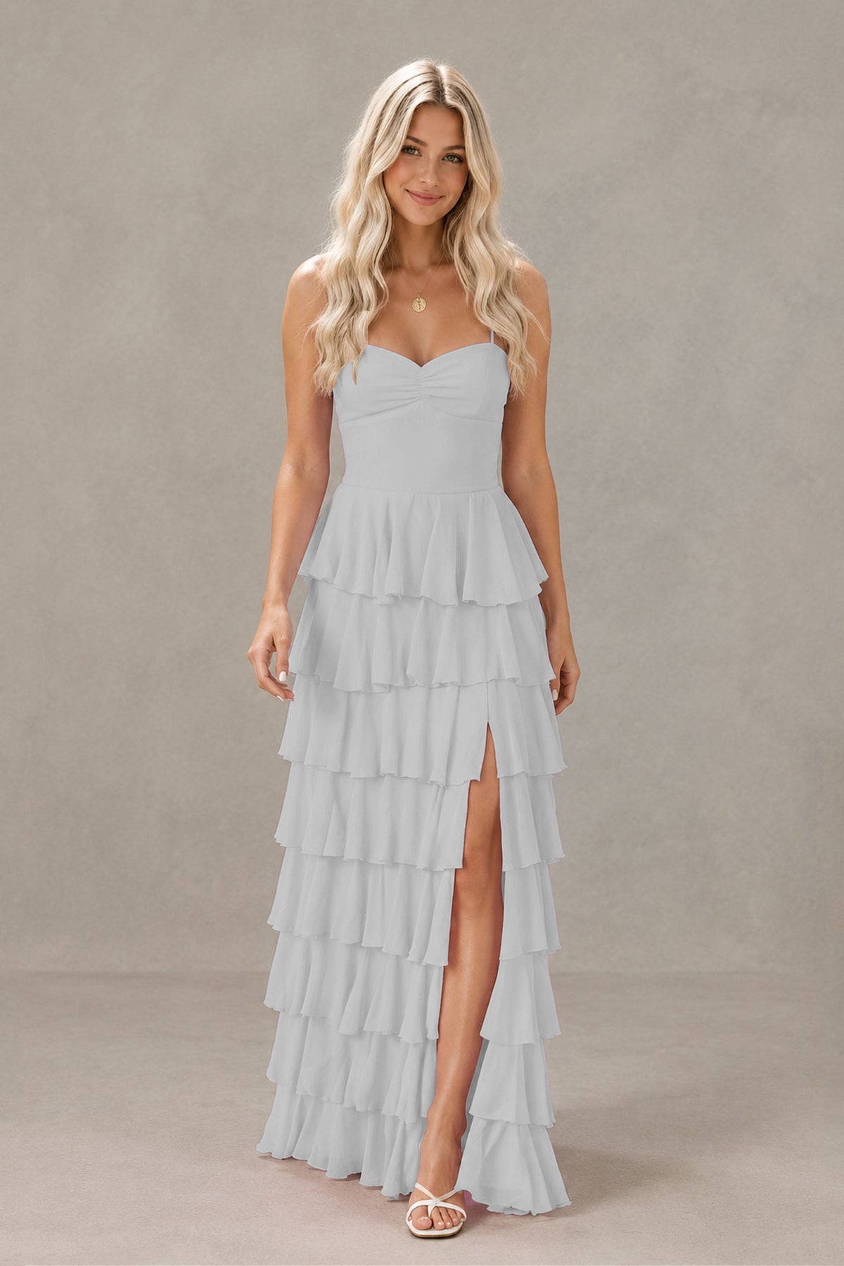 BOLODOO Silver Strapless Tiered Ruffle Maxi Dress with Slit & Lace-Up Back - Silver