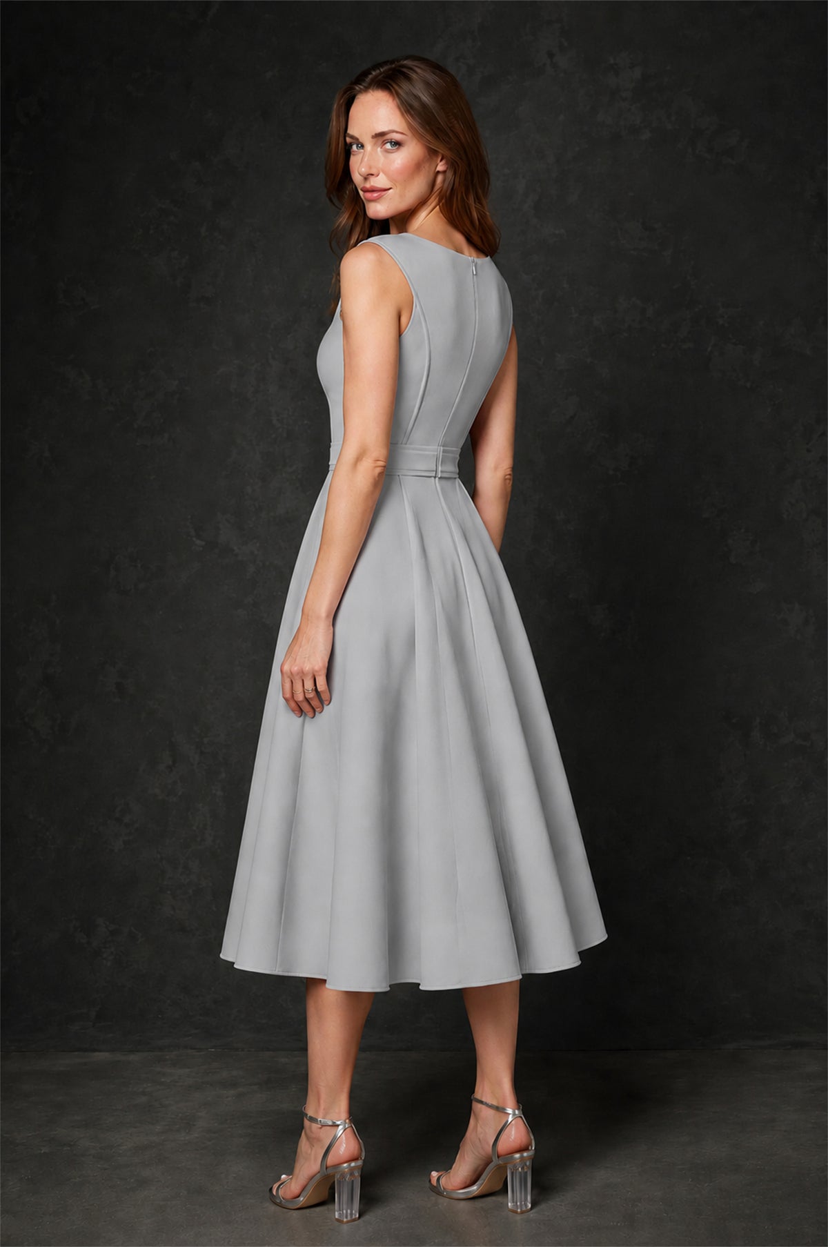 BOLODOO Silver 3D Rosette Appliqué 3/4 Sleeve Jacket & V-Notch Sleeveless A-Line Tea-Length Two-Piece Dress Set - Silver
