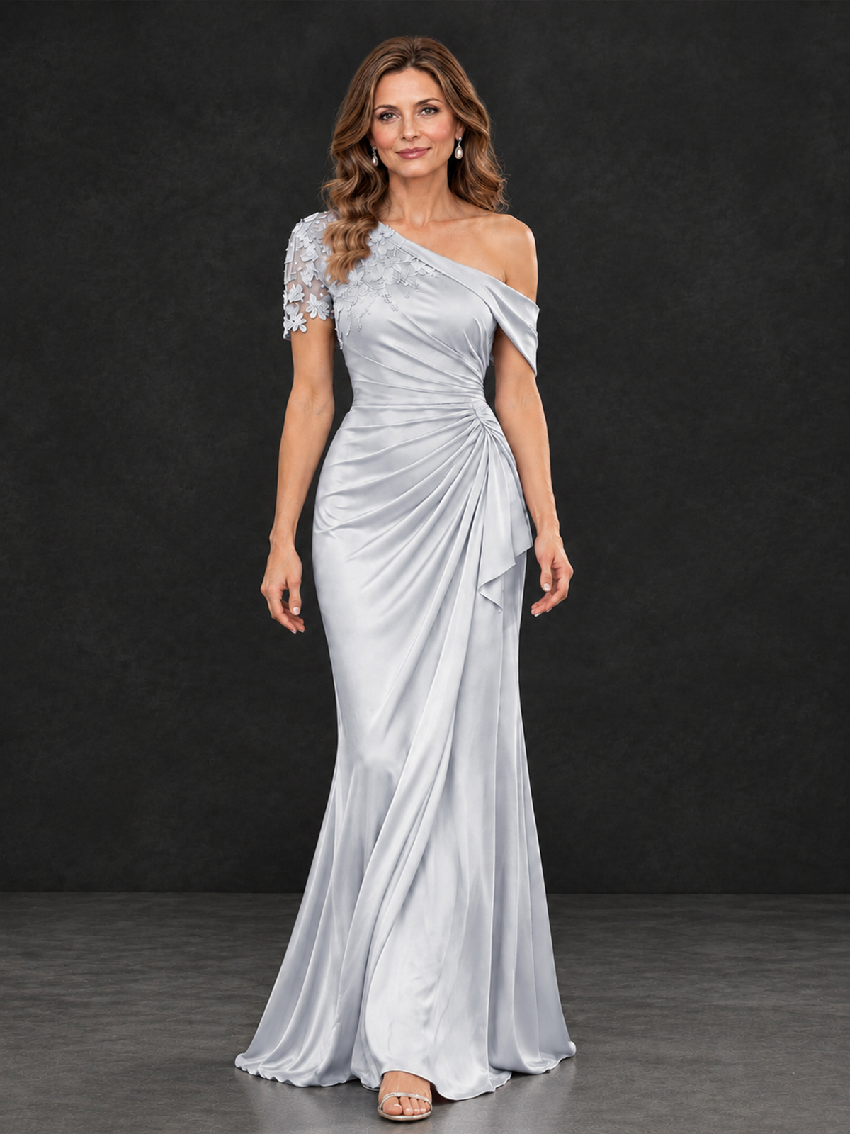 BOLODOO Silver Asymmetric Satin Mother of the Bride Dress with Lace Sleeve - Silver - Silver (4)