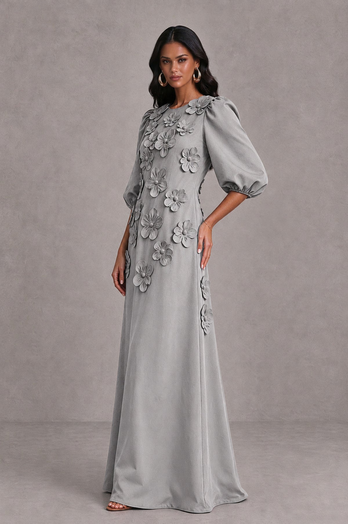 BOLODOO Silver Floral Applique Puff Sleeve A-Line Evening Dress - Silver - Silver (4)