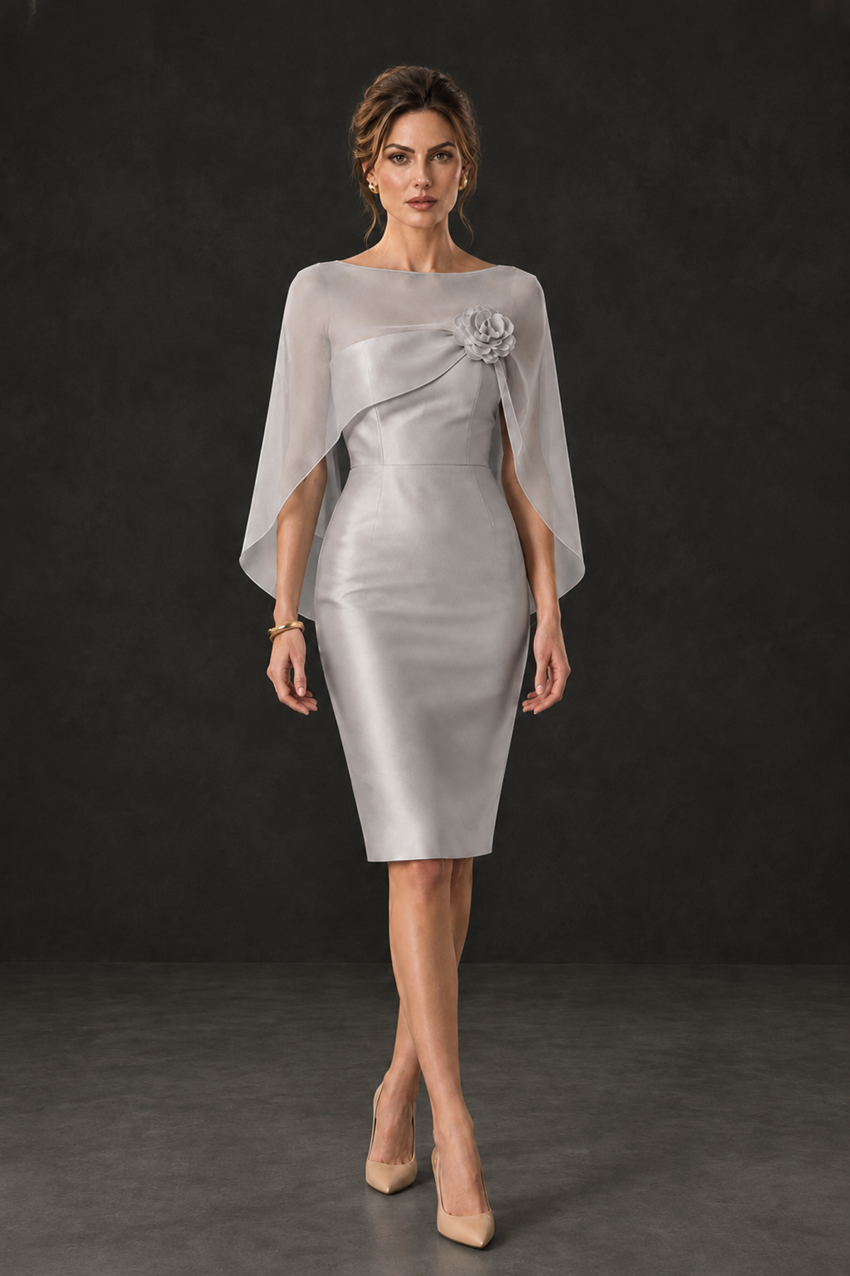 BOLODOO Silver Cape Knee-Length Mother of the Bride Dress - Silver - Silver (4)