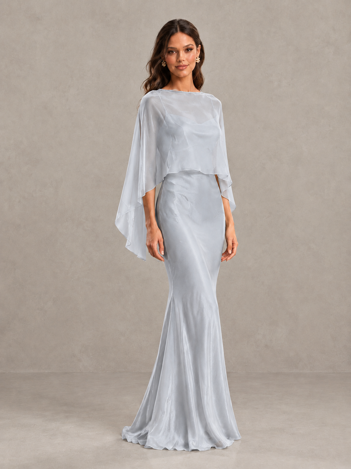 BOLODOO Silver Satin Mermaid Bridesmaid Dress with Chiffon Cape - Silver - Silver (4)