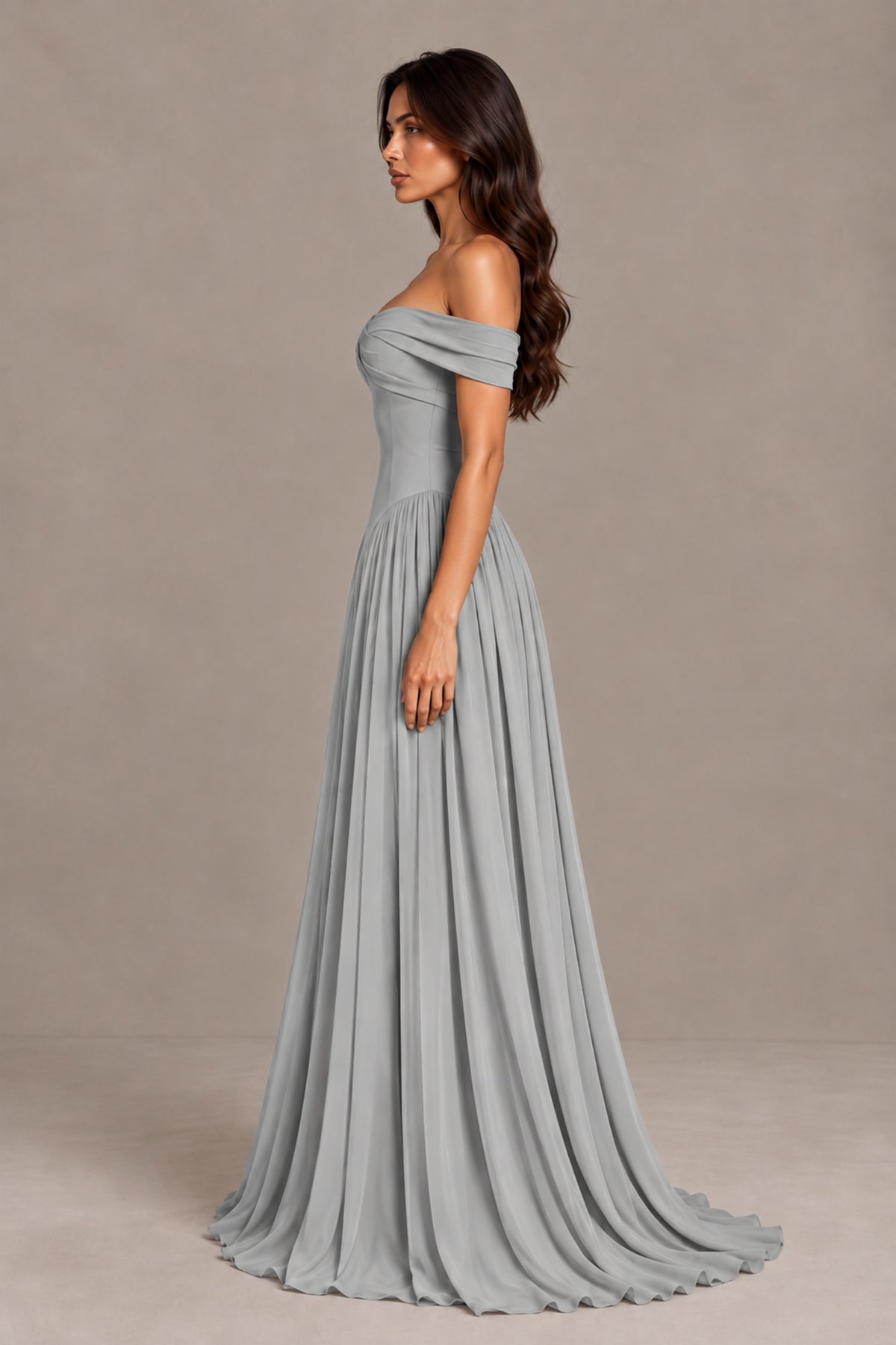 BOLODOO Silver Off-Shoulder Sweetheart Corset Pleated Chiffon Maxi Dress - Silver - Silver (4)