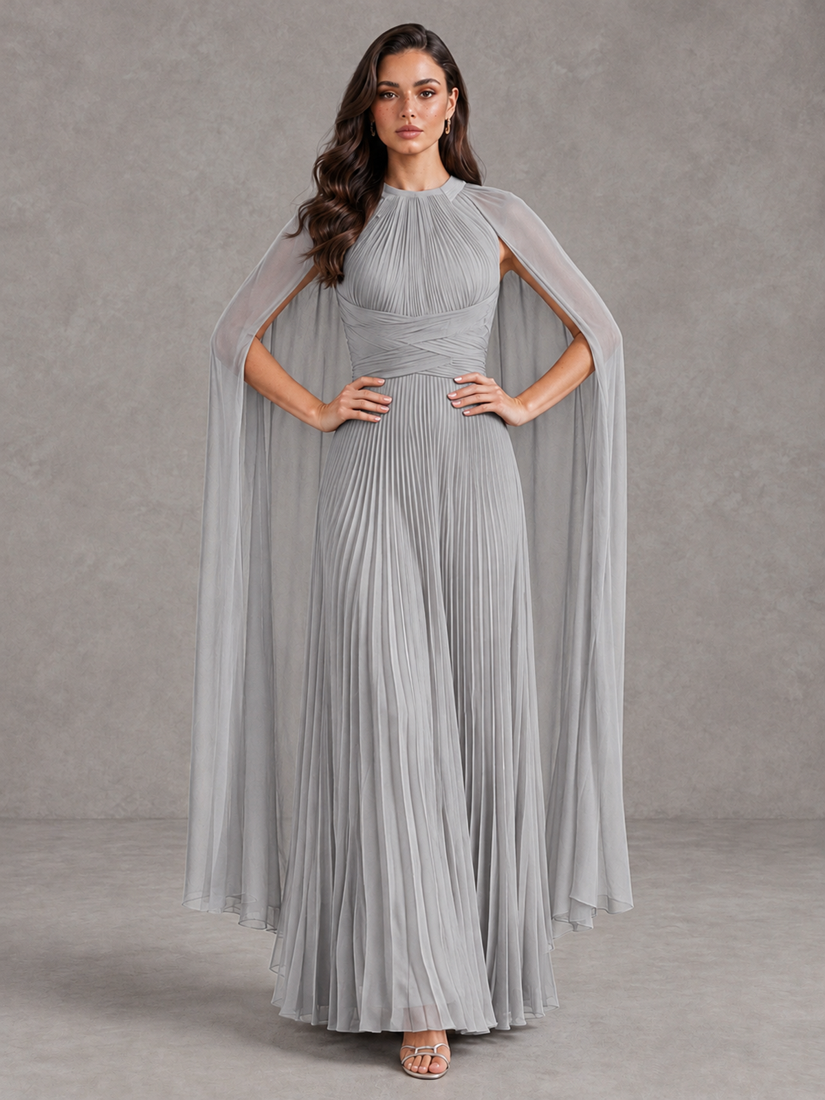 BOLODOO Silver Pleated Cape Maxi Wedding Guest Dress - Silver - Silver (4)