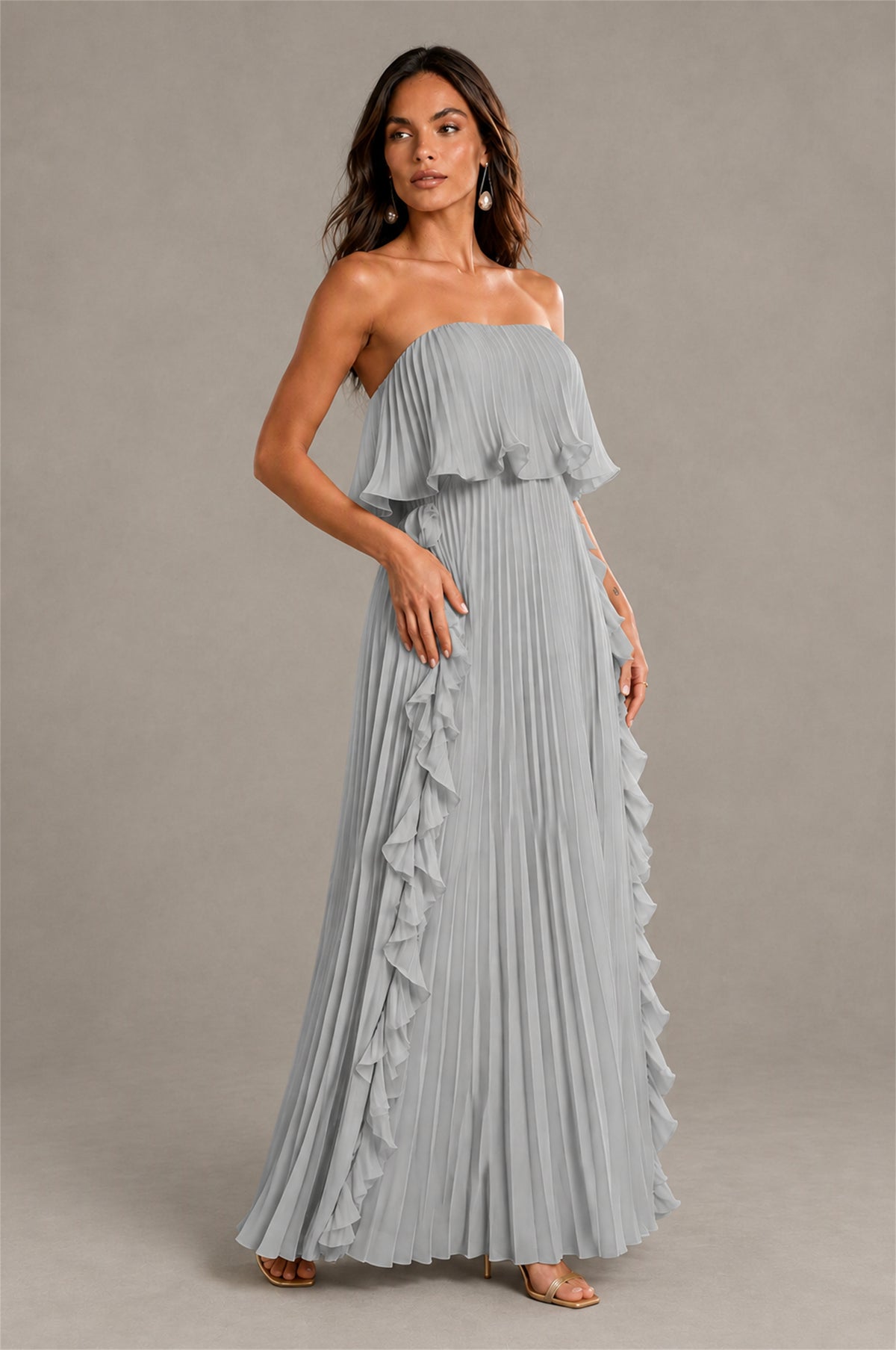 BOLODOO Silver Strapless Ruffle Bodice Dual Cascading Ruffle Accordion Pleated Chiffon Maxi Dress - Silver