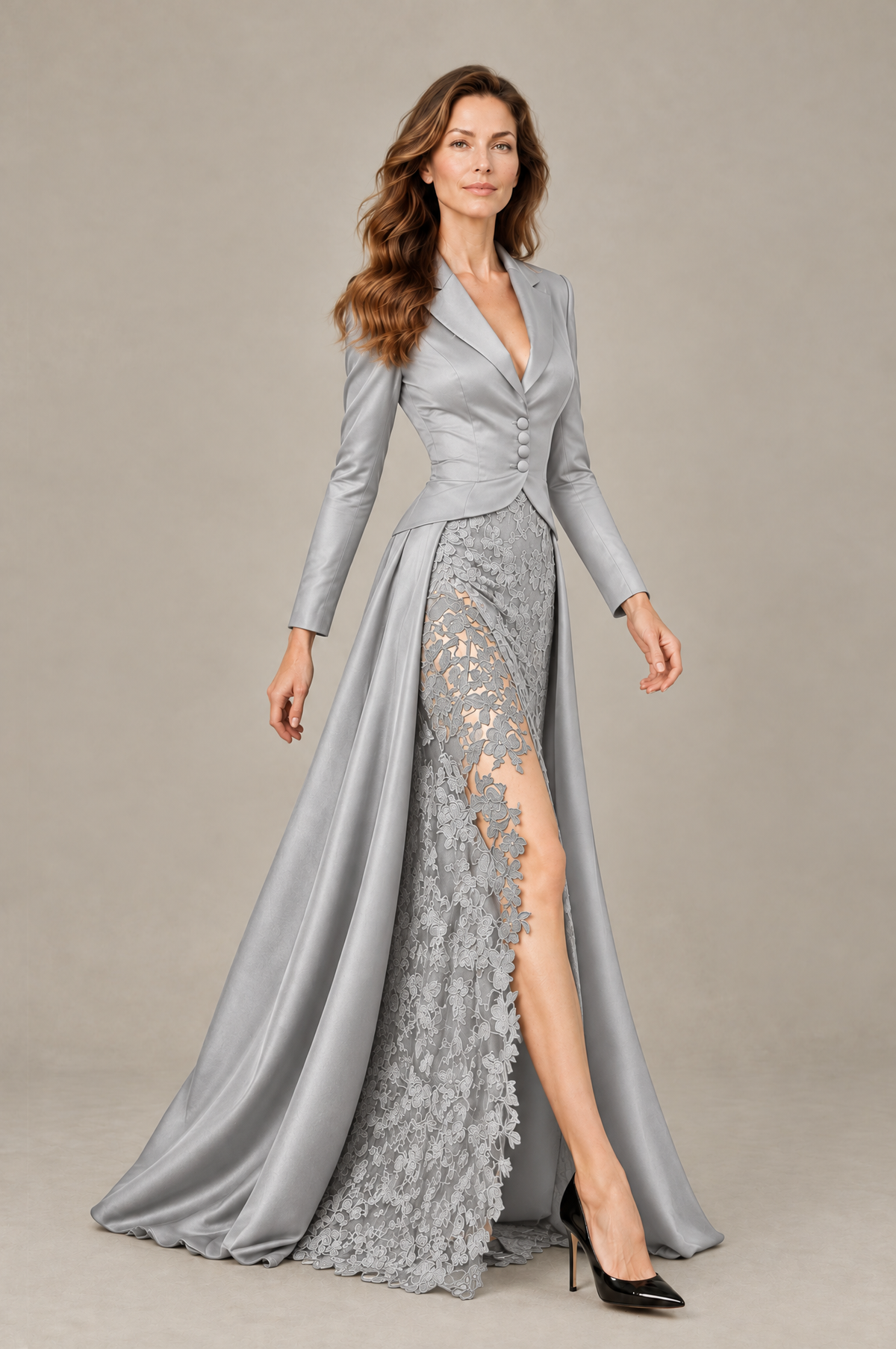 BOLODOO Silver Long Sleeve Lace Blazer Gown with High Slit - Silver - Silver (4)