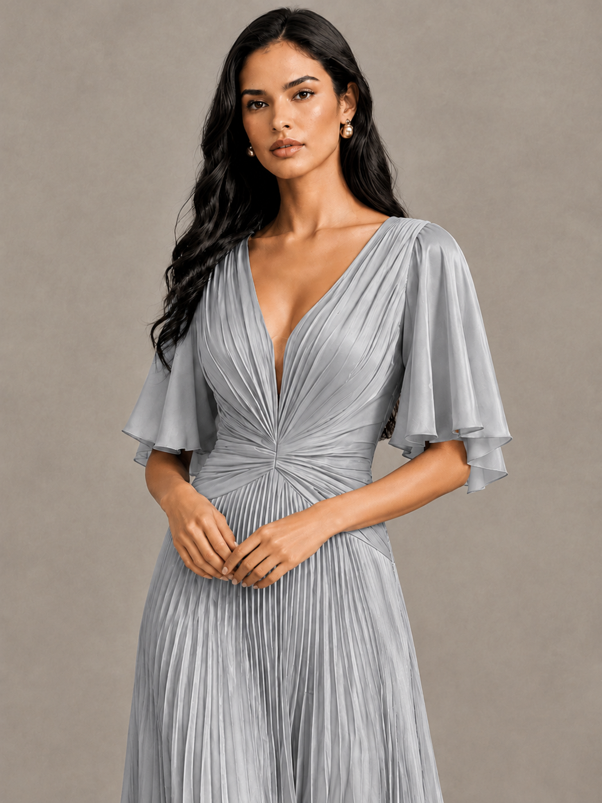 BOLODOO Silver Pleated V-Neck Flutter Sleeve Bridesmaid Dress - Silver - Silver (4)