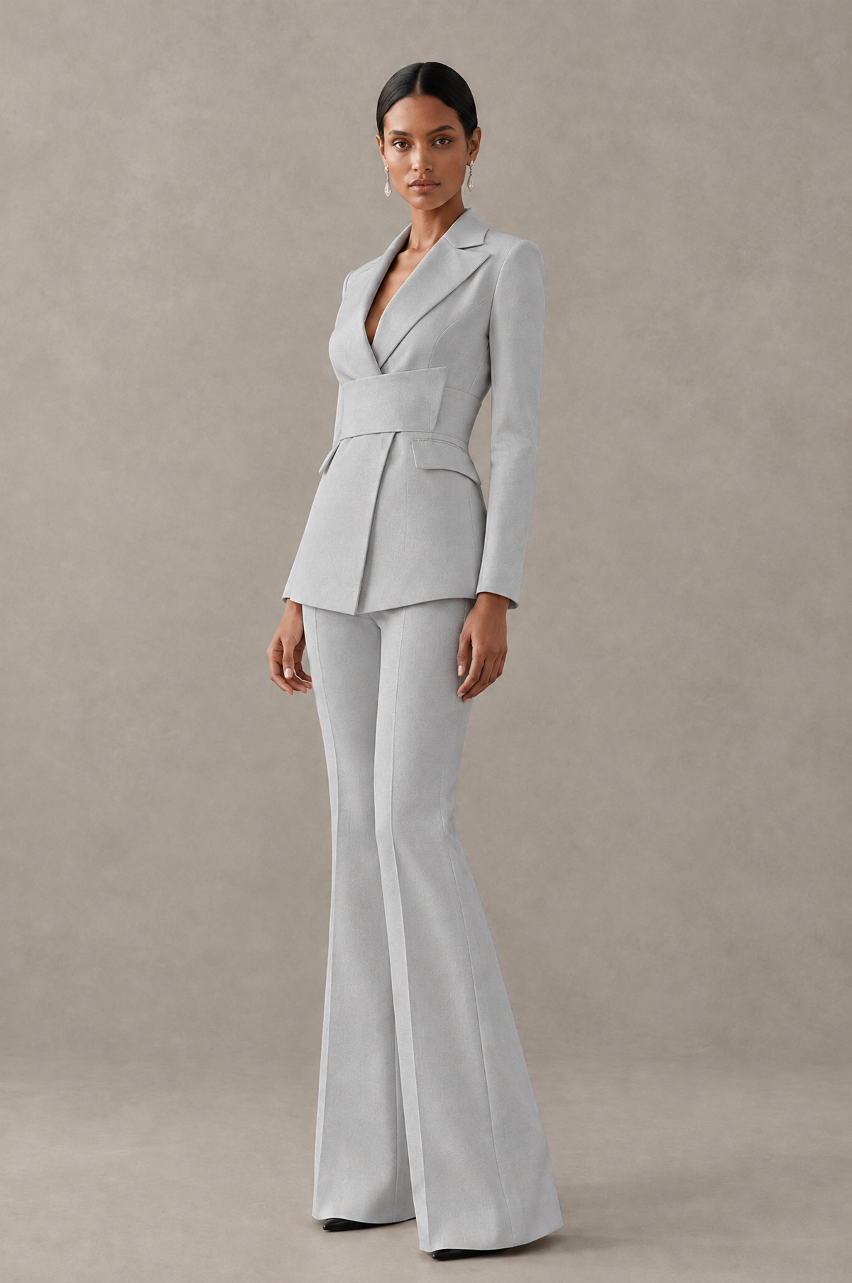 BOLODOO Silver Two-Piece Pantsuit with Tailored Blazer & Flared Pants - Silver - Silver (4)