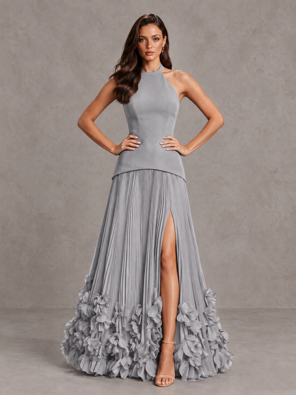 BOLODOO Silver Halter Neck Floor-Length Evening Gown with High Slit & 3D Floral Hem - Silver - Silver (4)
