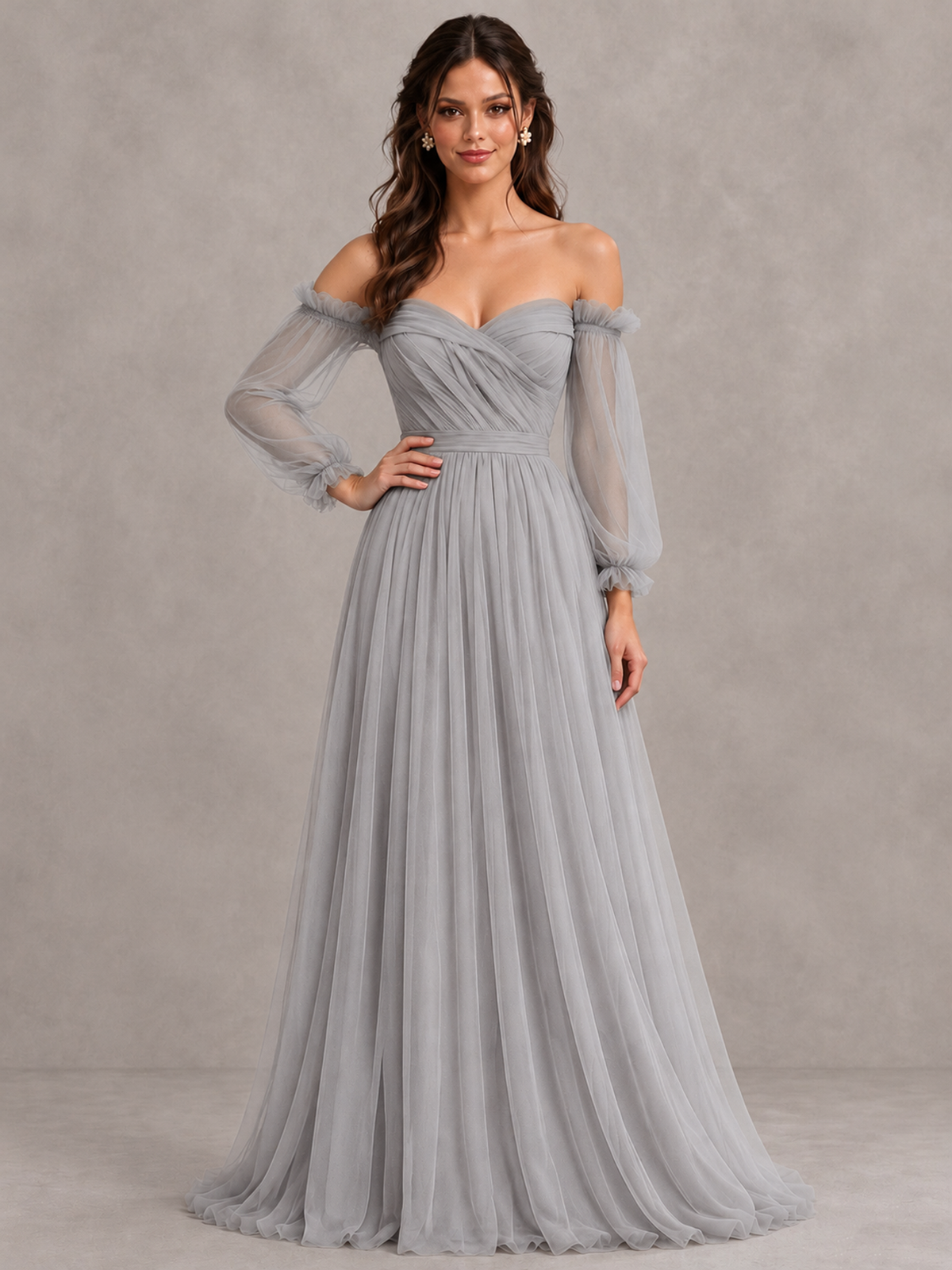 BOLODOO Silver Off-the-Shoulder Long Sleeve A-Line Bridesmaid Dress - Silver - Silver (4)