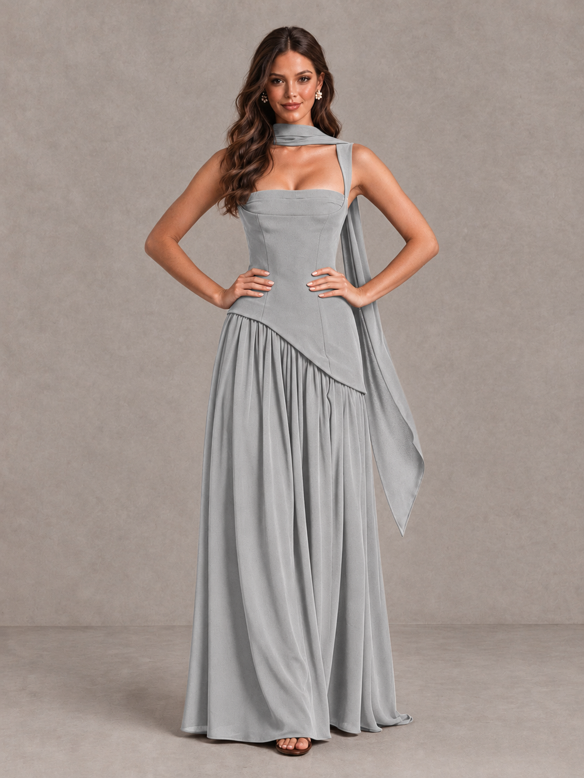 BOLODOO Silver Brown Scarf Bridesmaid Dress with Lace-Up Back - Silver - Silver (4)