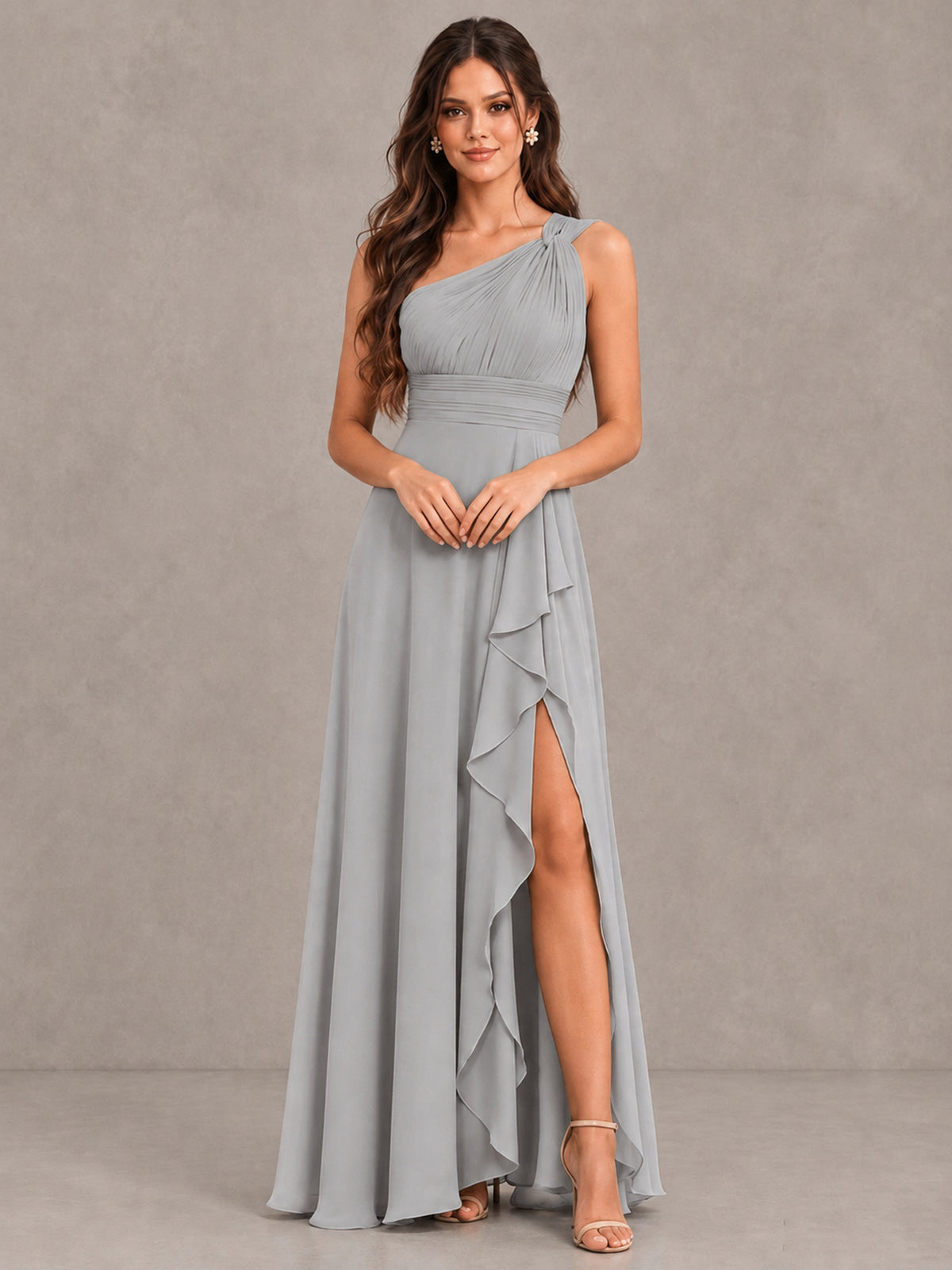 BOLODOO Silver One-Shoulder Ruffle Bridesmaid Dress with Slit - Silver - Silver (4)