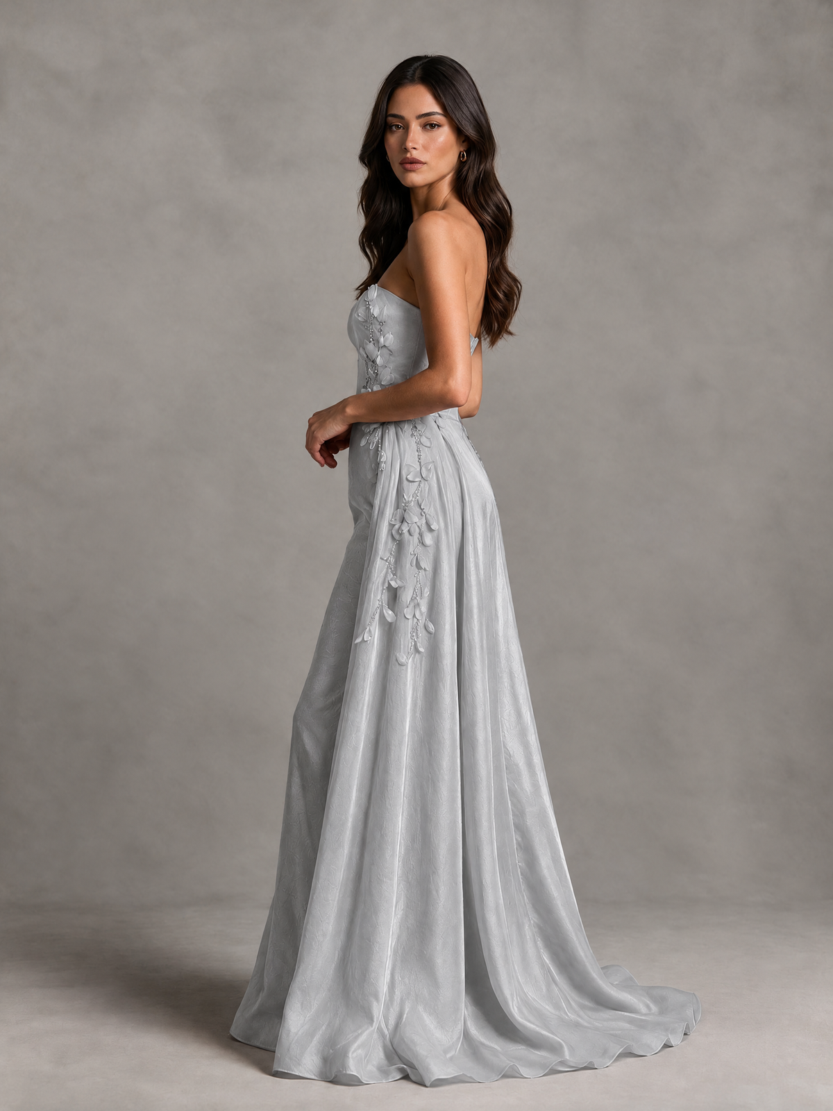 BOLODOO Silver Strapless Floral Applique Prom Dress with Overskirt - Silver - Silver (4)