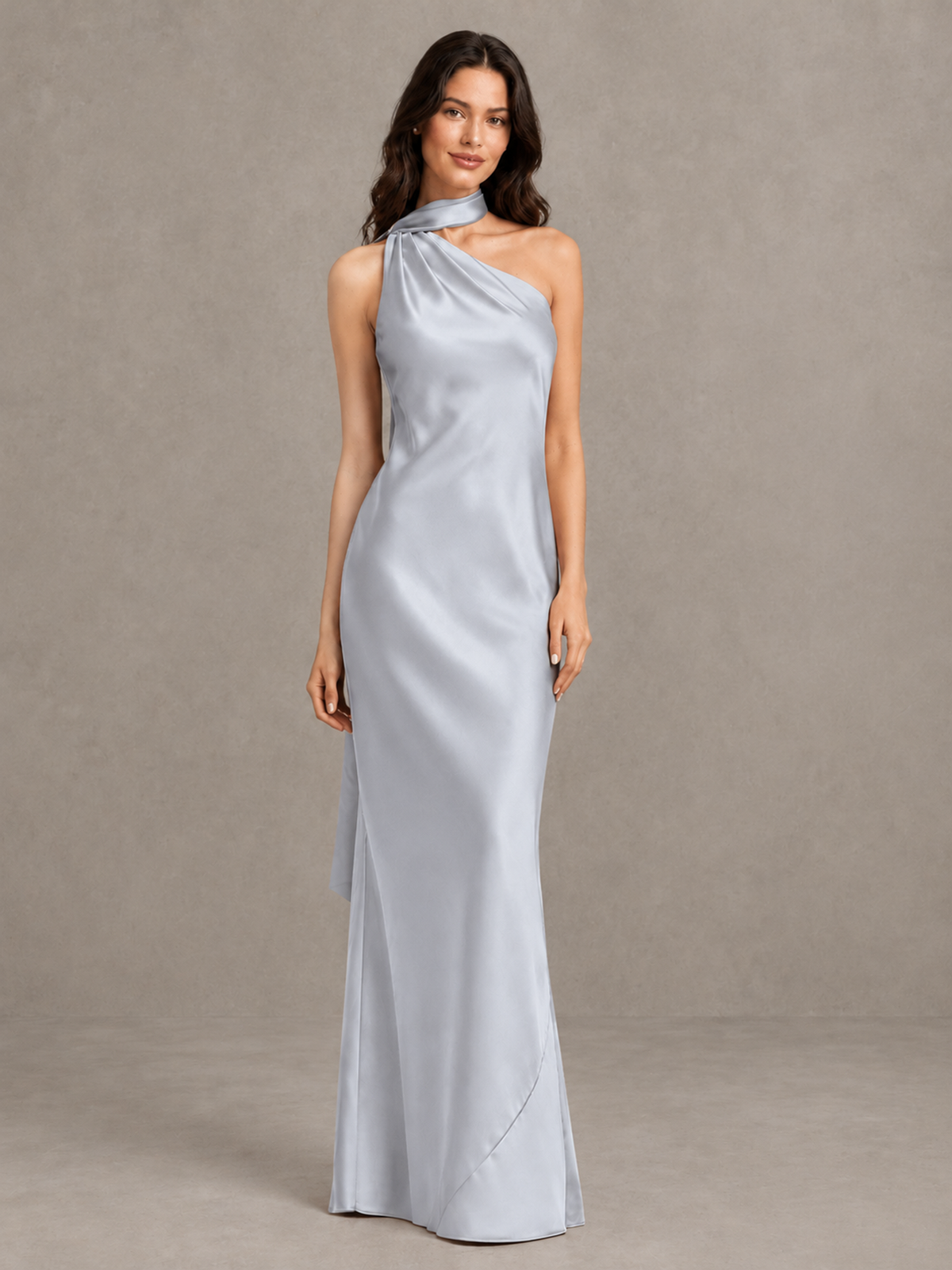 BOLODOO Silver Satin One-Shoulder Bridesmaid Dress with Open Back - Silver - Silver (4)