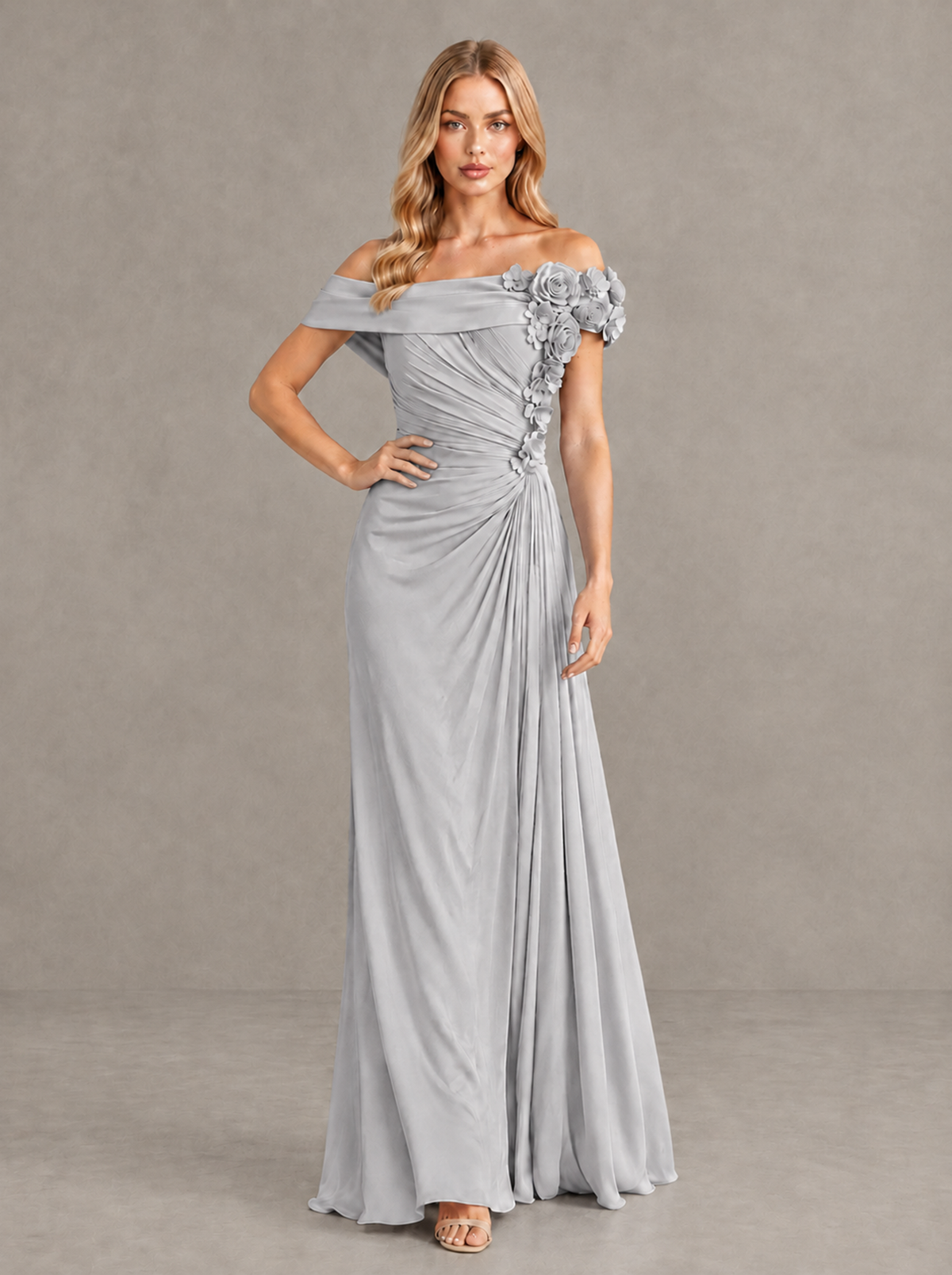 BOLODOO Silver Off-Shoulder Floral Applique Wedding Guest Maxi Dress - Silver - Silver (4)