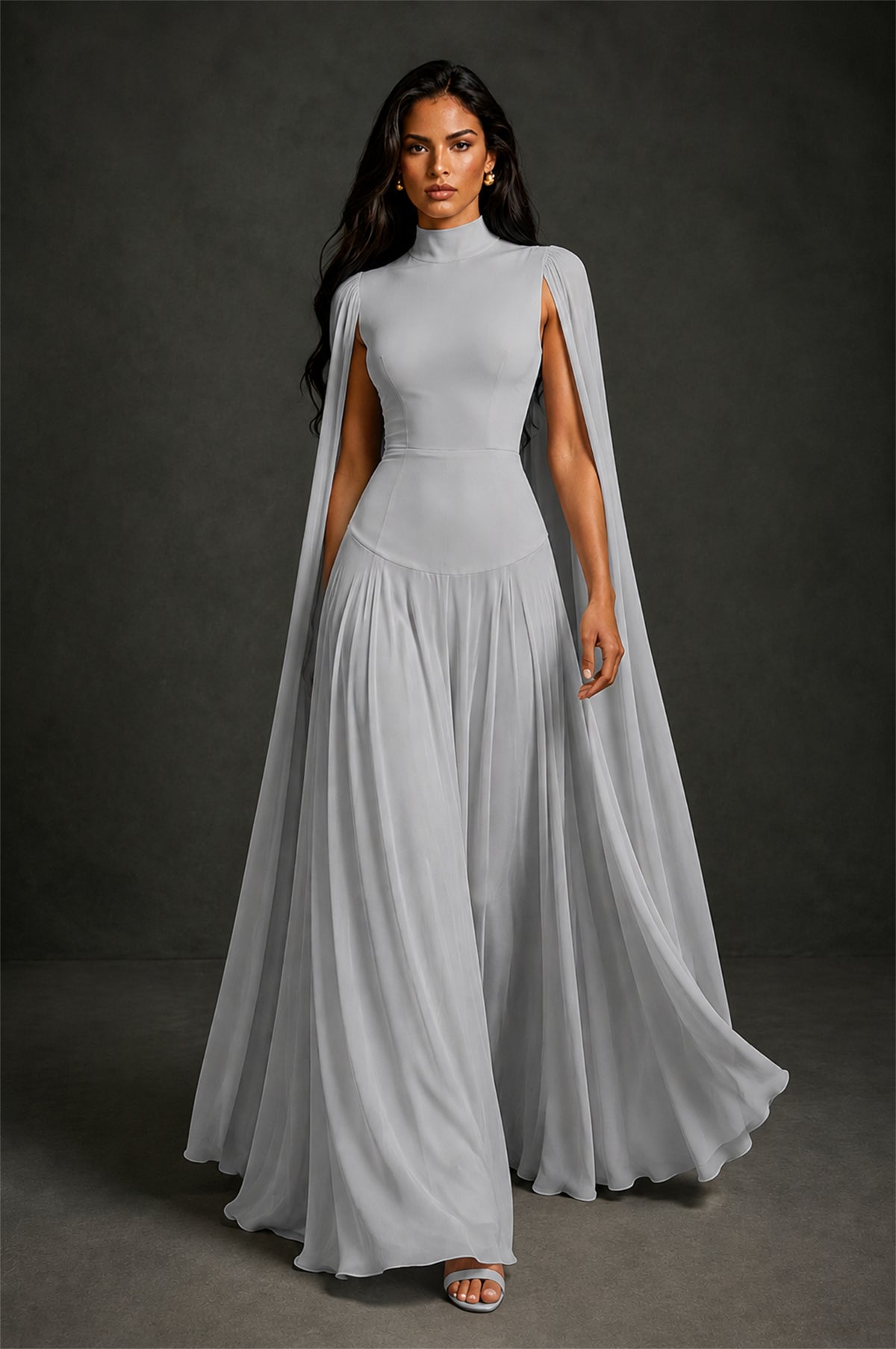 BOLODOO Silver Mock Neck Cape Sleeve A-Line Chiffon Maxi Dress - Silver - Silver (4)