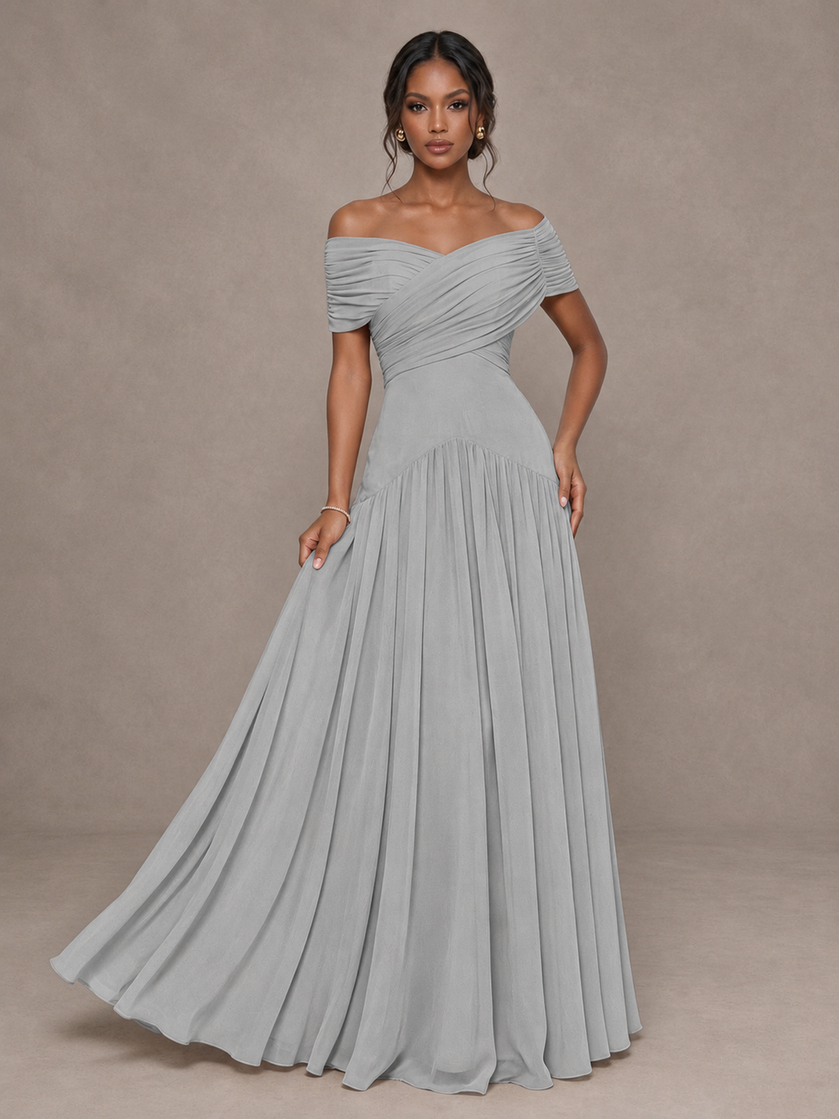 BOLODOO Silver Off-Shoulder Ruched A-Line Bridesmaid Dress - Silver - Silver (4)