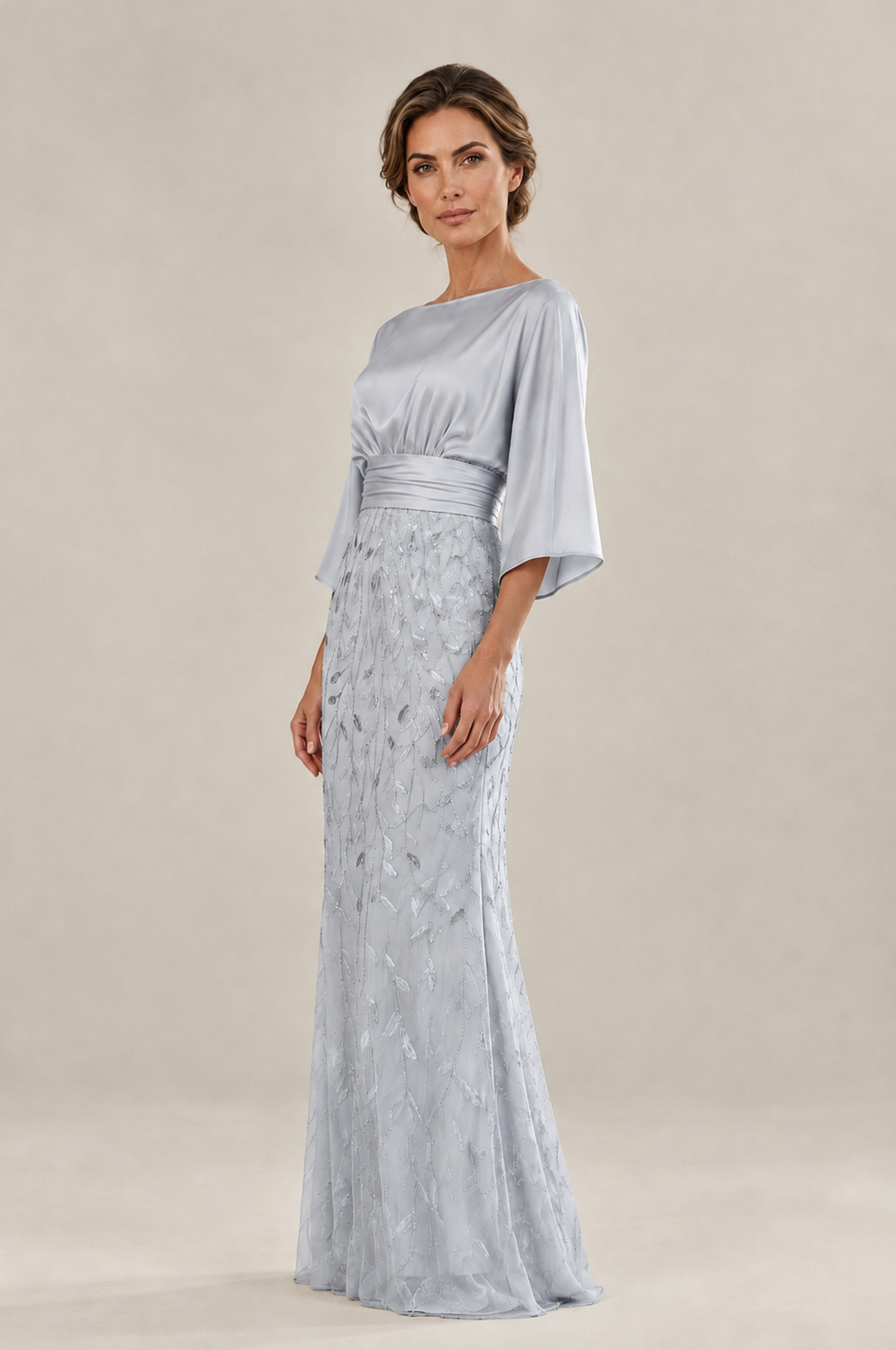 BOLODOO Silver Mother of the Bride Dress with Kimono Sleeves, Satin Bodice & Sequin Embroidered Mermaid Floor-Length Gown - Silver - Silver (4)