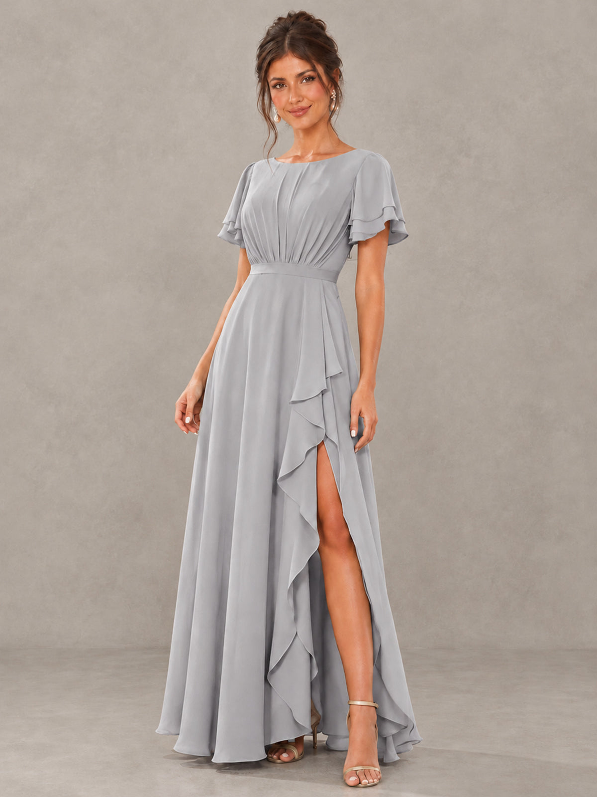 BOLODOO Silver Flutter Sleeve Ruffle Bridesmaid Dress with Slit - Silver - Silver (4)