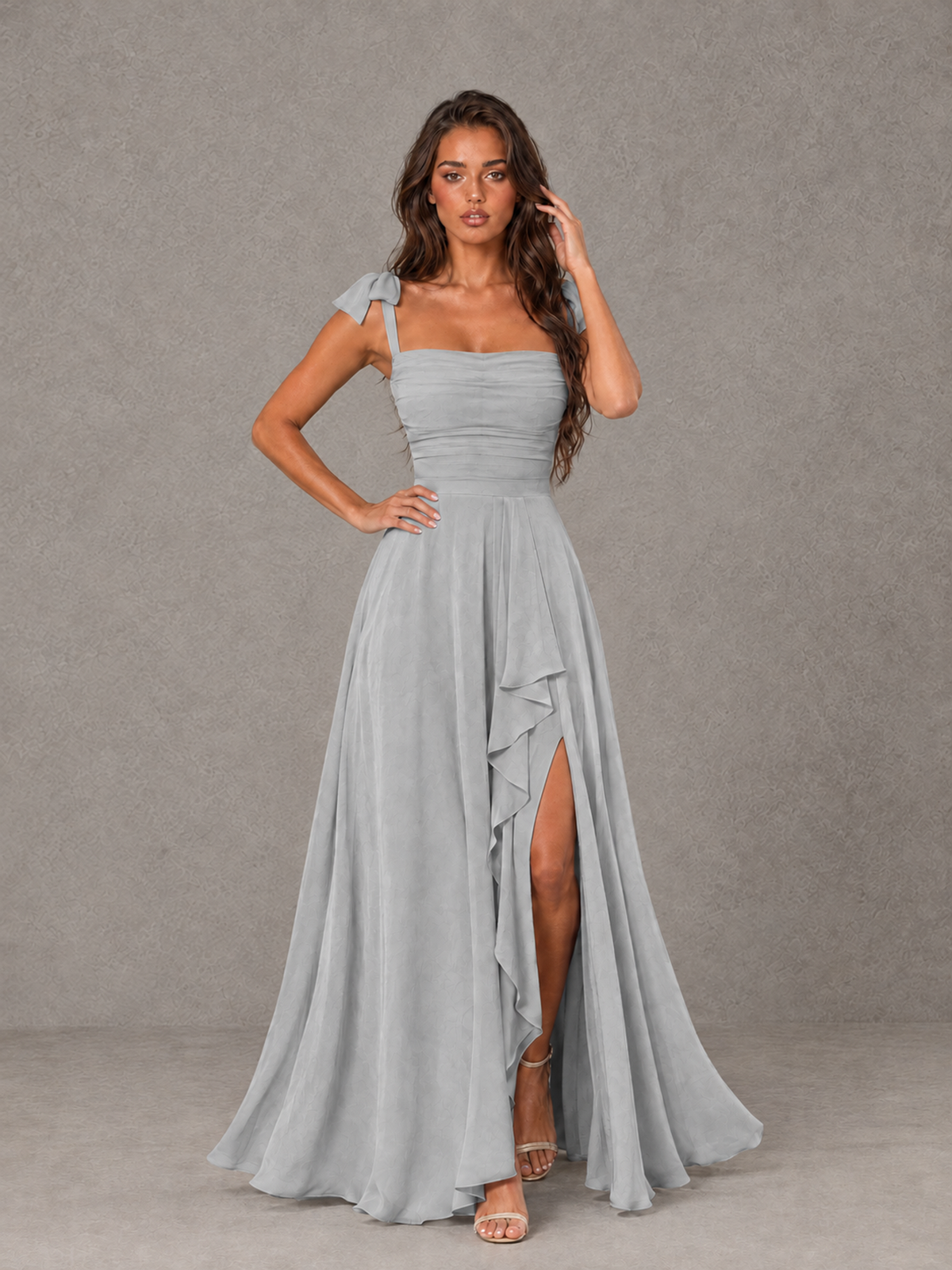 BOLODOO Silver Bow-Strap Bridesmaid Dress with Ruffle Slit - Silver - Silver (4)