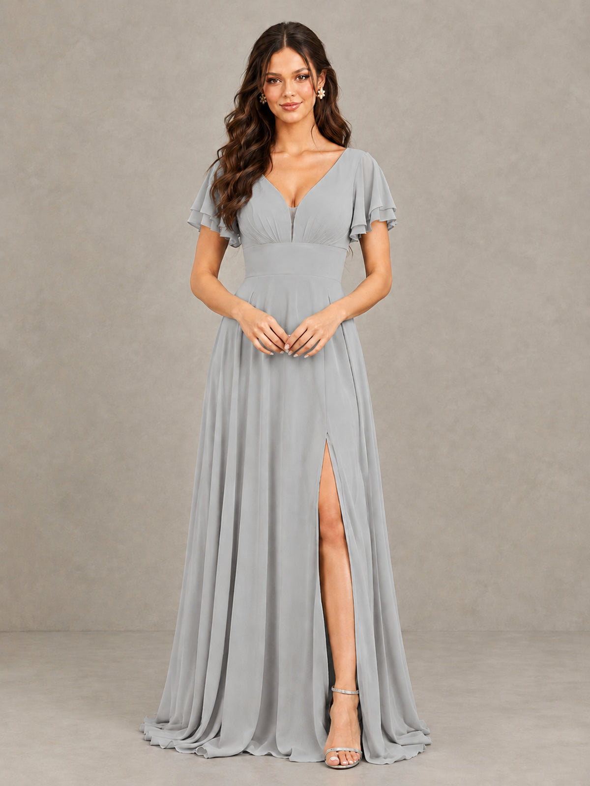 BOLODOO Silver Flutter Sleeve Chiffon A-Line Maxi Bridesmaid Dress with Open Back & Slit - Silver - Silver (4)