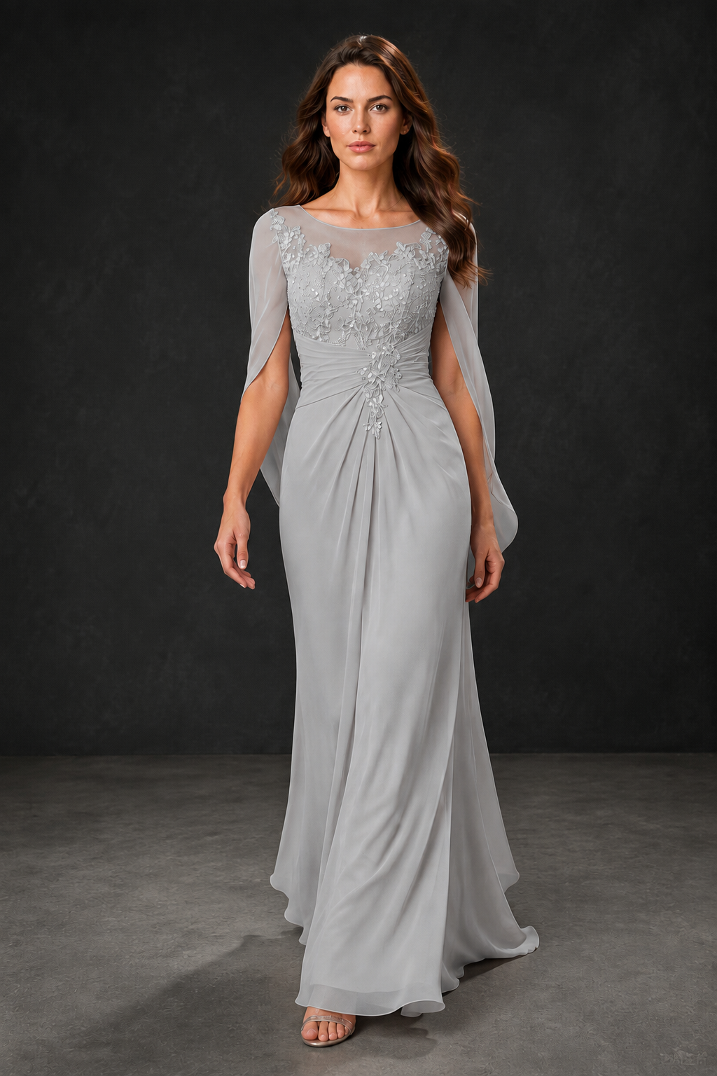 BOLODOO Silver Illusion Lace One-Side Cape Sleeve Beaded Chiffon Floor Length Gown | Mother of the Bride Evening Dress - Silver
