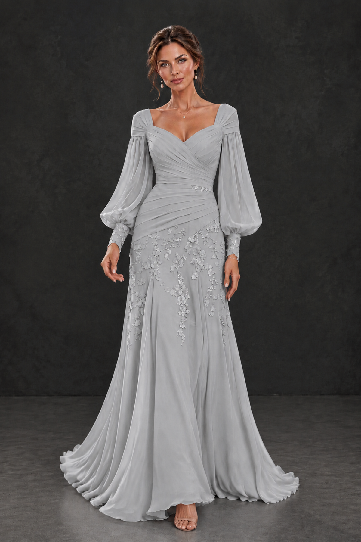 BOLODOO Silver Long Sleeve Mother of the Bride Dress with Floral Appliqués - Silver - Silver (4)