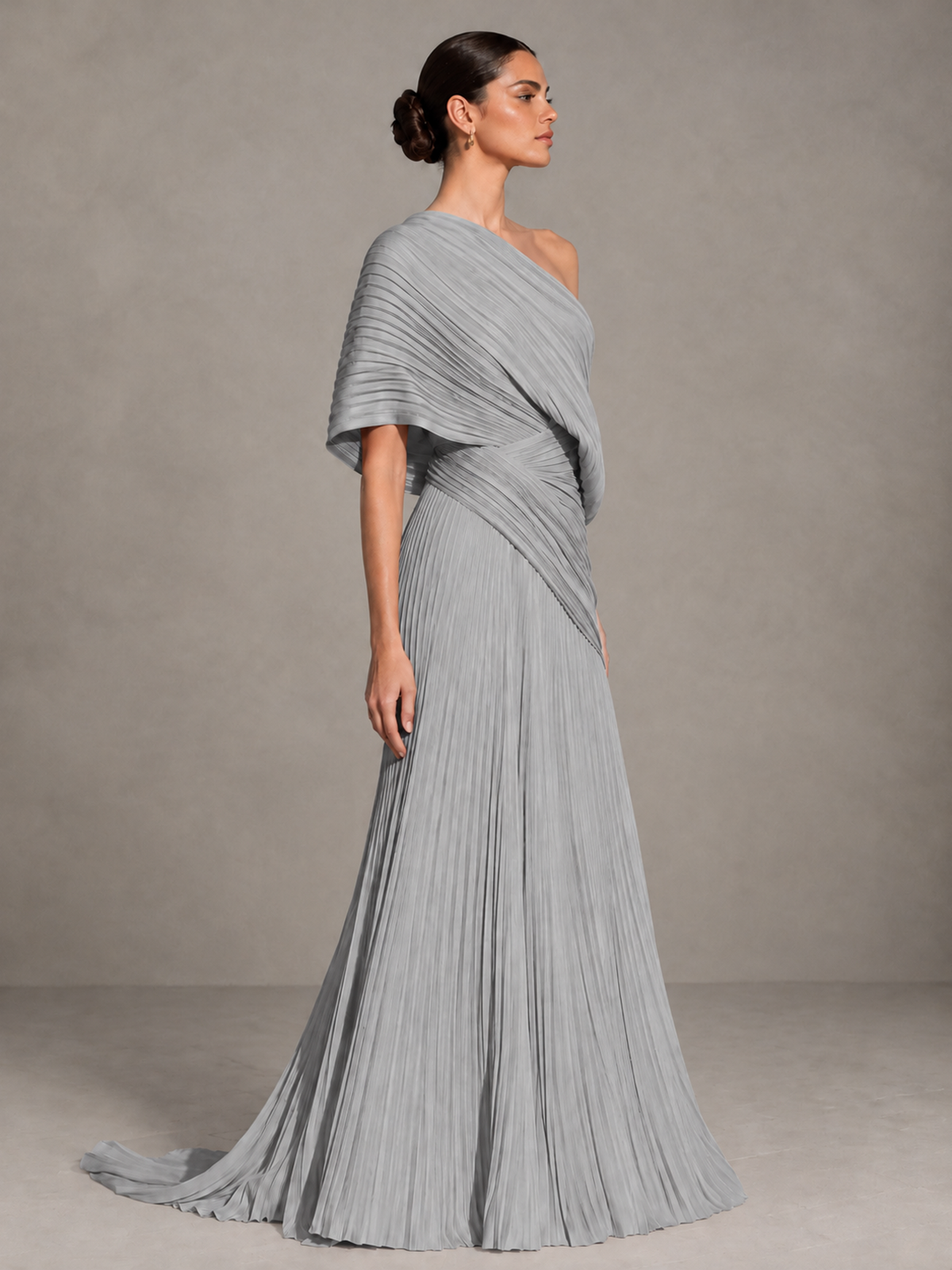 BOLODOO Silver One-Shoulder Pleated Cape Evening Gown with Train - Silver - Silver (4)