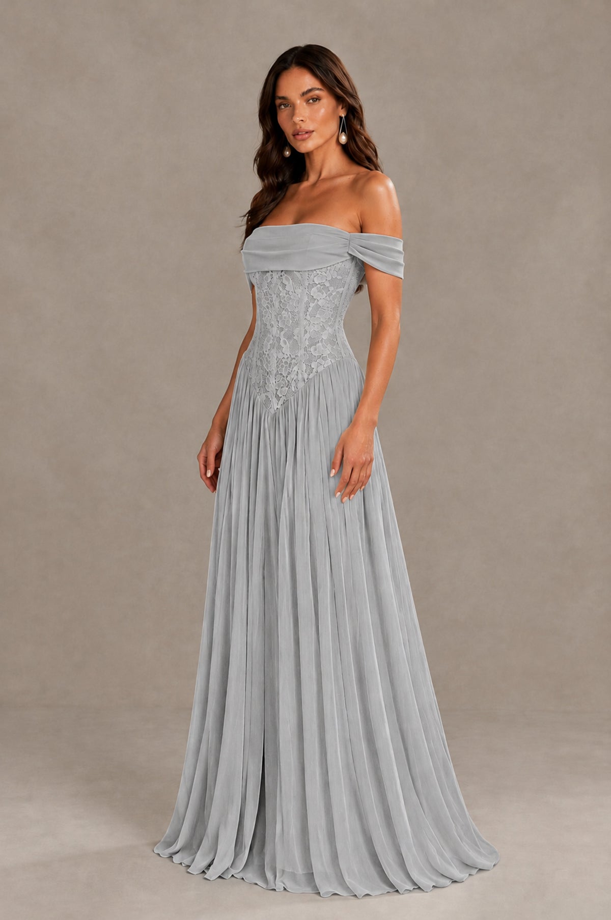 BOLODOO Silver Off-Shoulder Lace Corset Tulle Maxi Dress - Silver - Silver (4)
