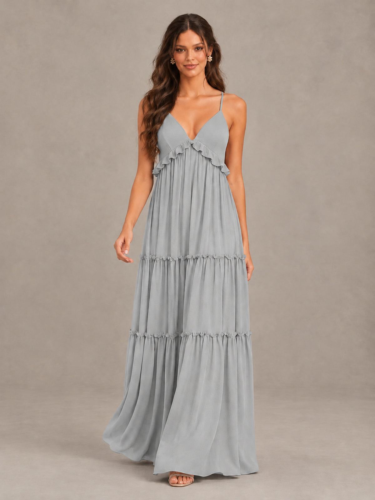 BOLODOO Silver Tiered V-Neck Lace-Up Back Bridesmaid Dress - Silver - Silver (4)