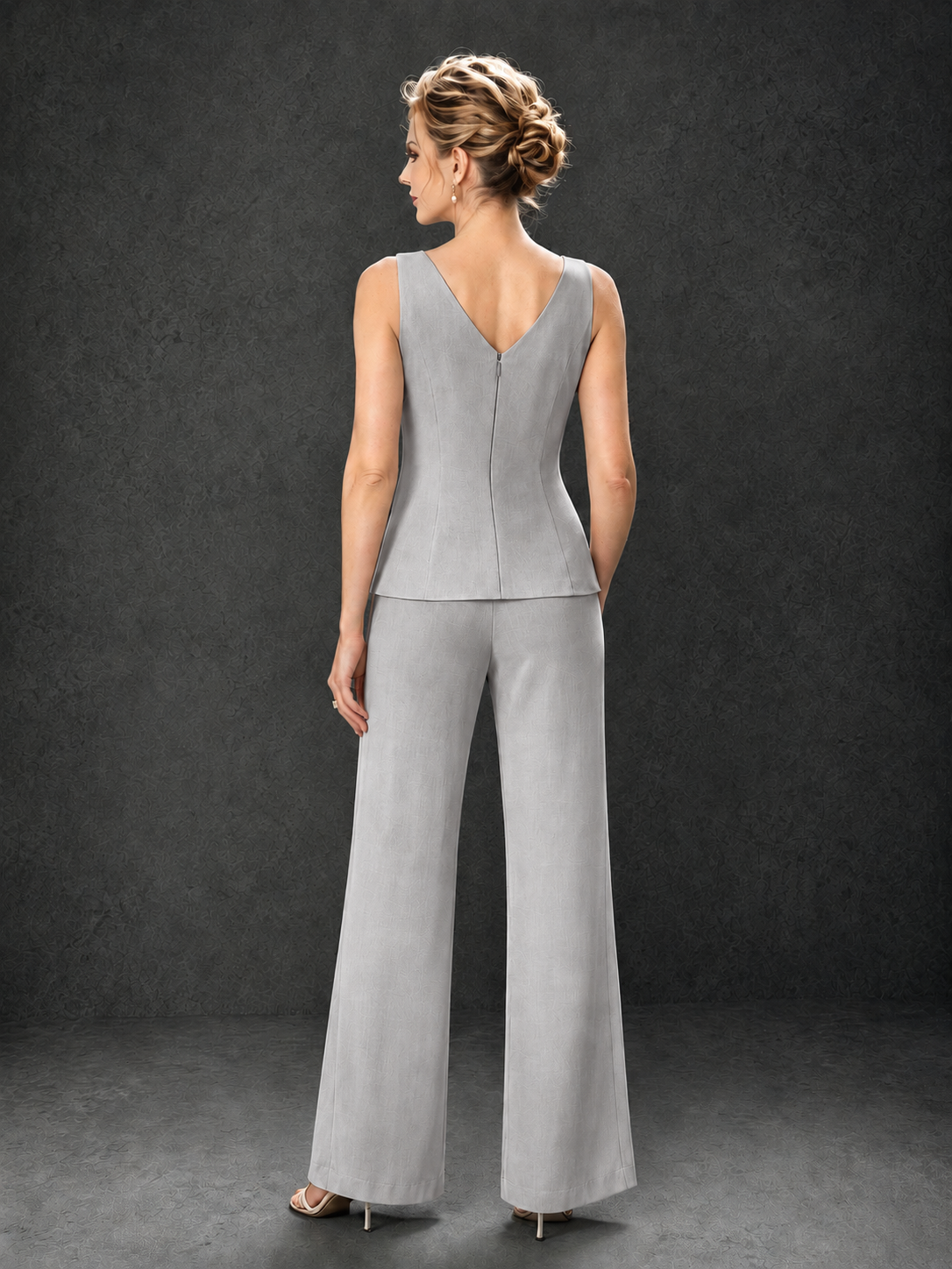 BOLODOO Silver 3-Piece Mother of the Bride Pant Suit with Beaded Top & Chiffon Jacket - Silver