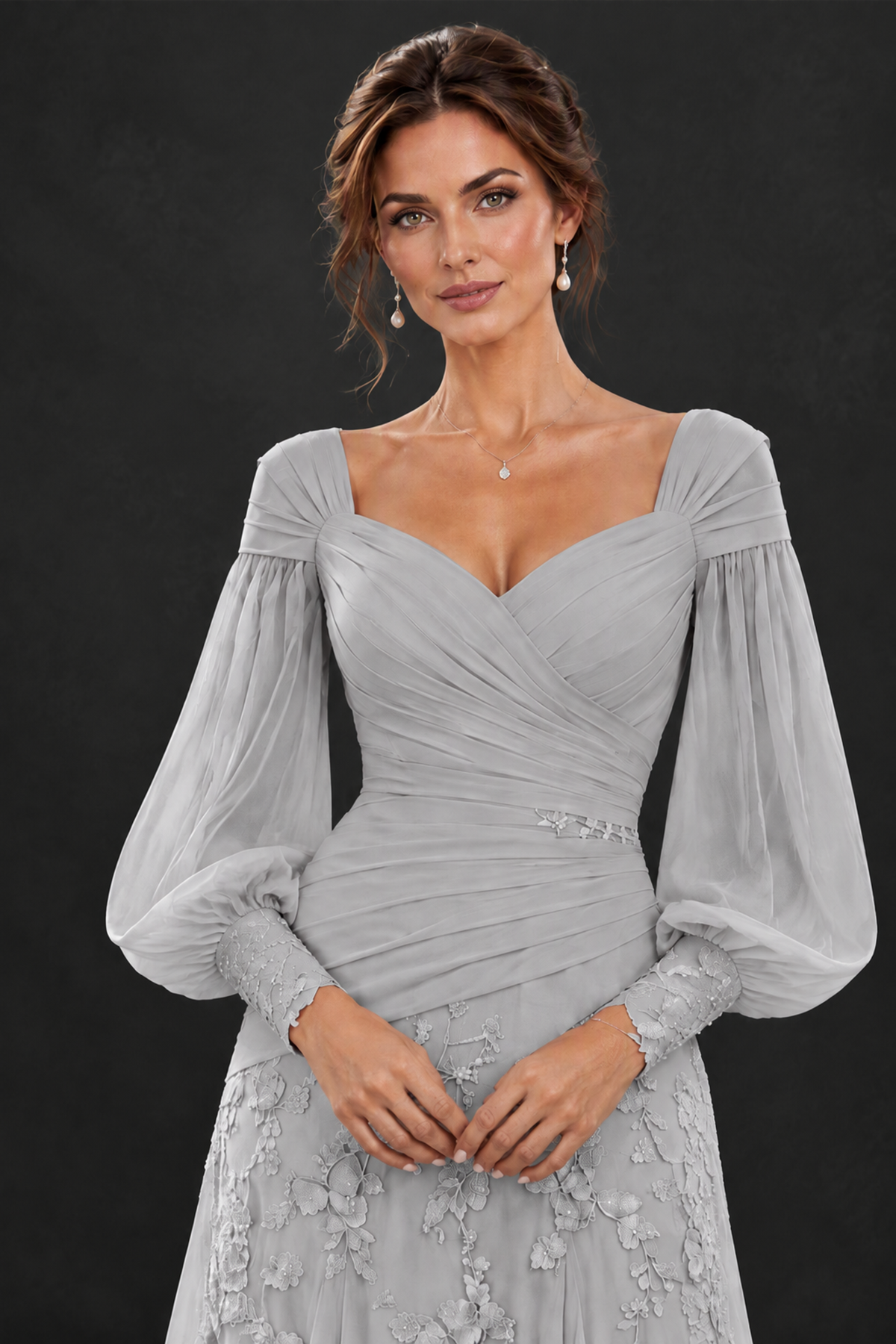 BOLODOO Silver Long Sleeve Mother of the Bride Dress with Floral Appliqués - Silver - Silver (5)