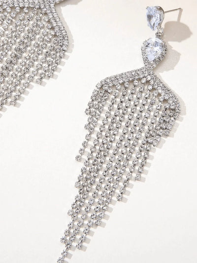 Silver Dangle Simple Rhinestones Tassel Long Earrings
