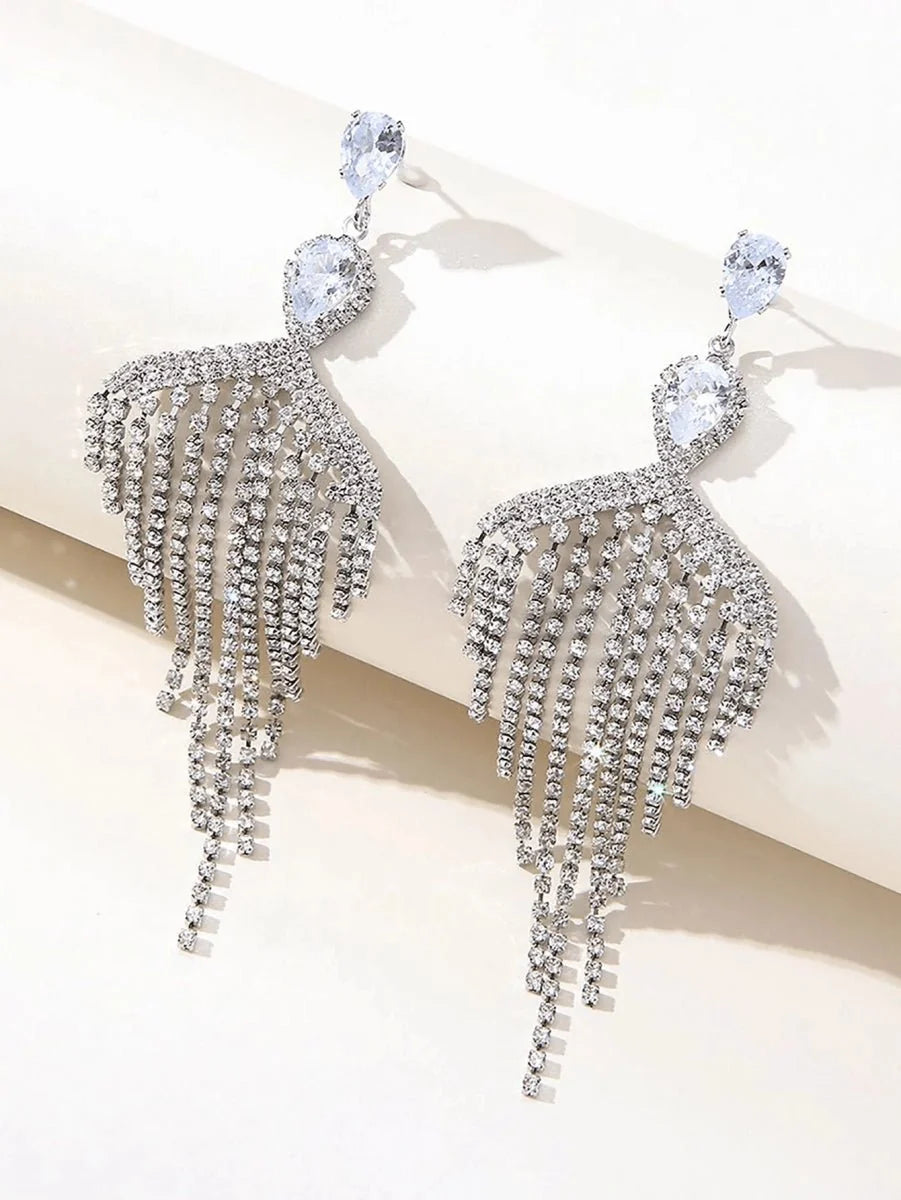 Silver Dangle Simple Rhinestones Tassel Long Earrings