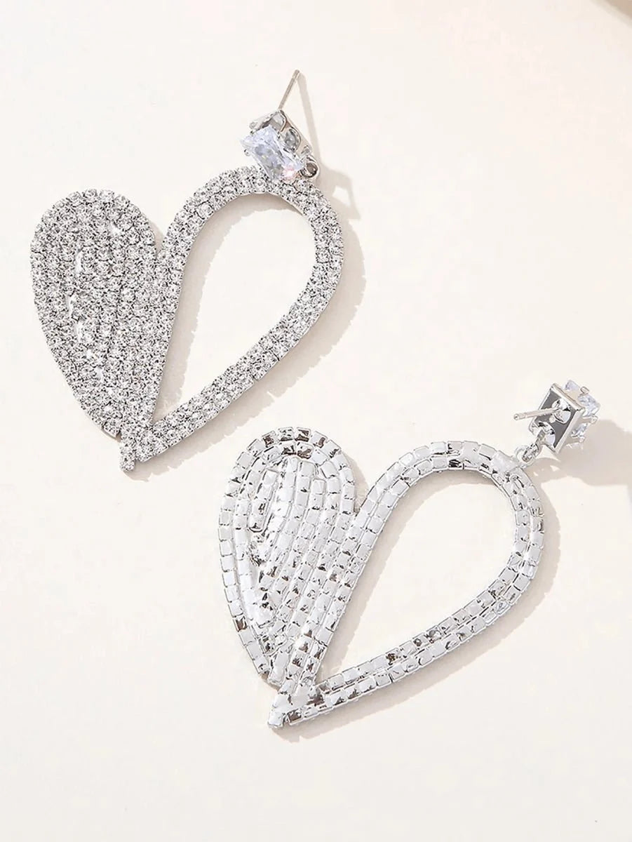 Silver Irregular Rhinestones Heart Hoop Earrings