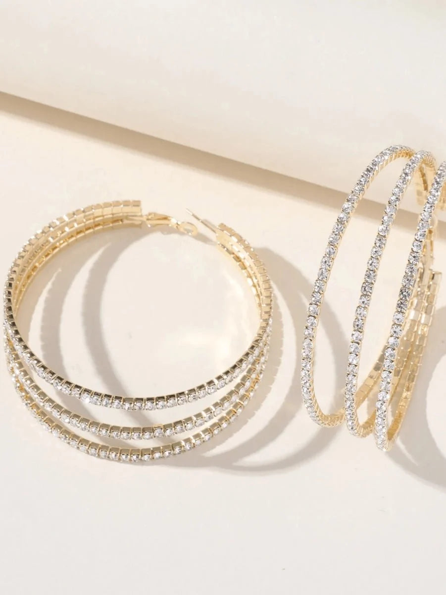 Silver Rhinestones Simple Triple Layer Hoop Earrings
