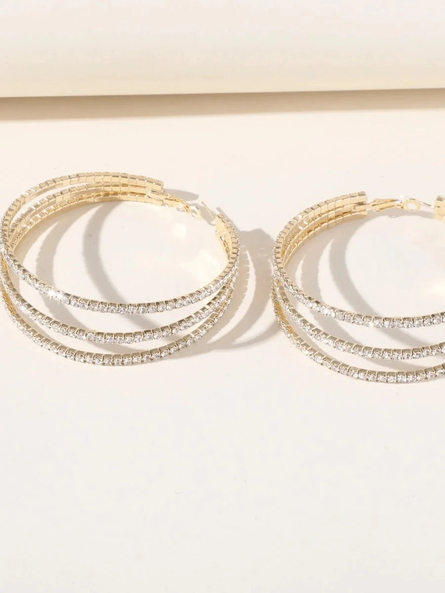 Silver Rhinestones Simple Triple Layer Hoop Earrings - BOLODOO