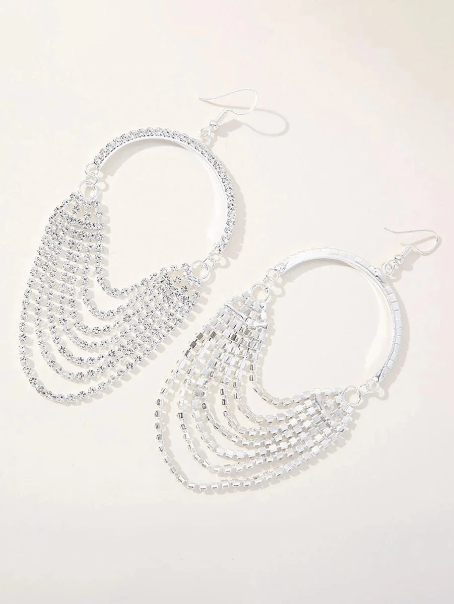 Silver Rhinestones Tassel Hoop Round Earrings