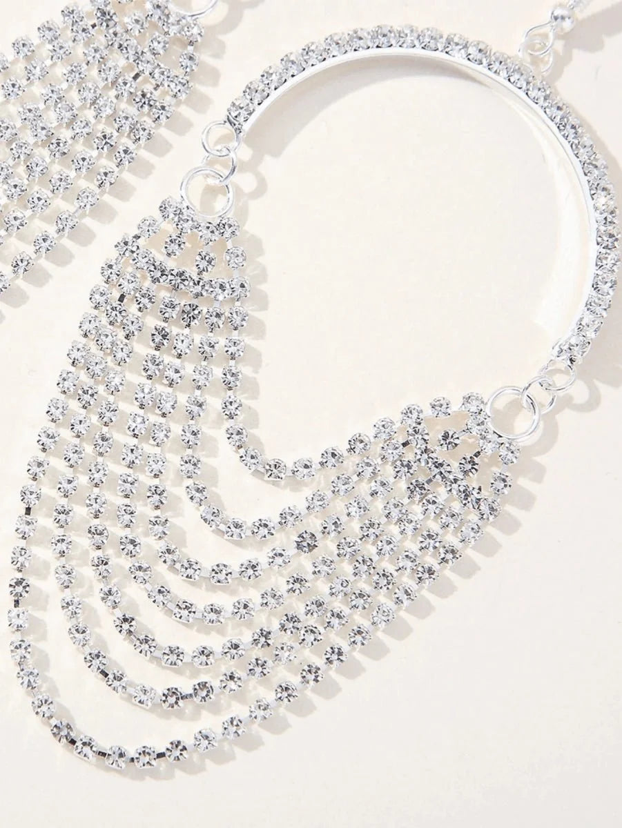 Silver Rhinestones Tassel Hoop Round Earrings