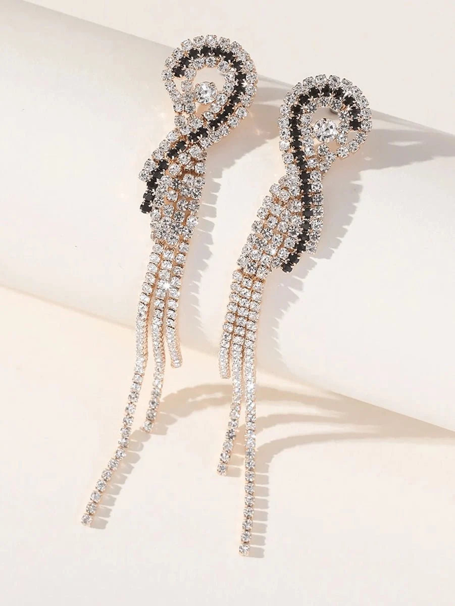 Silver Rhinestones Tassel Long Chain Earrings