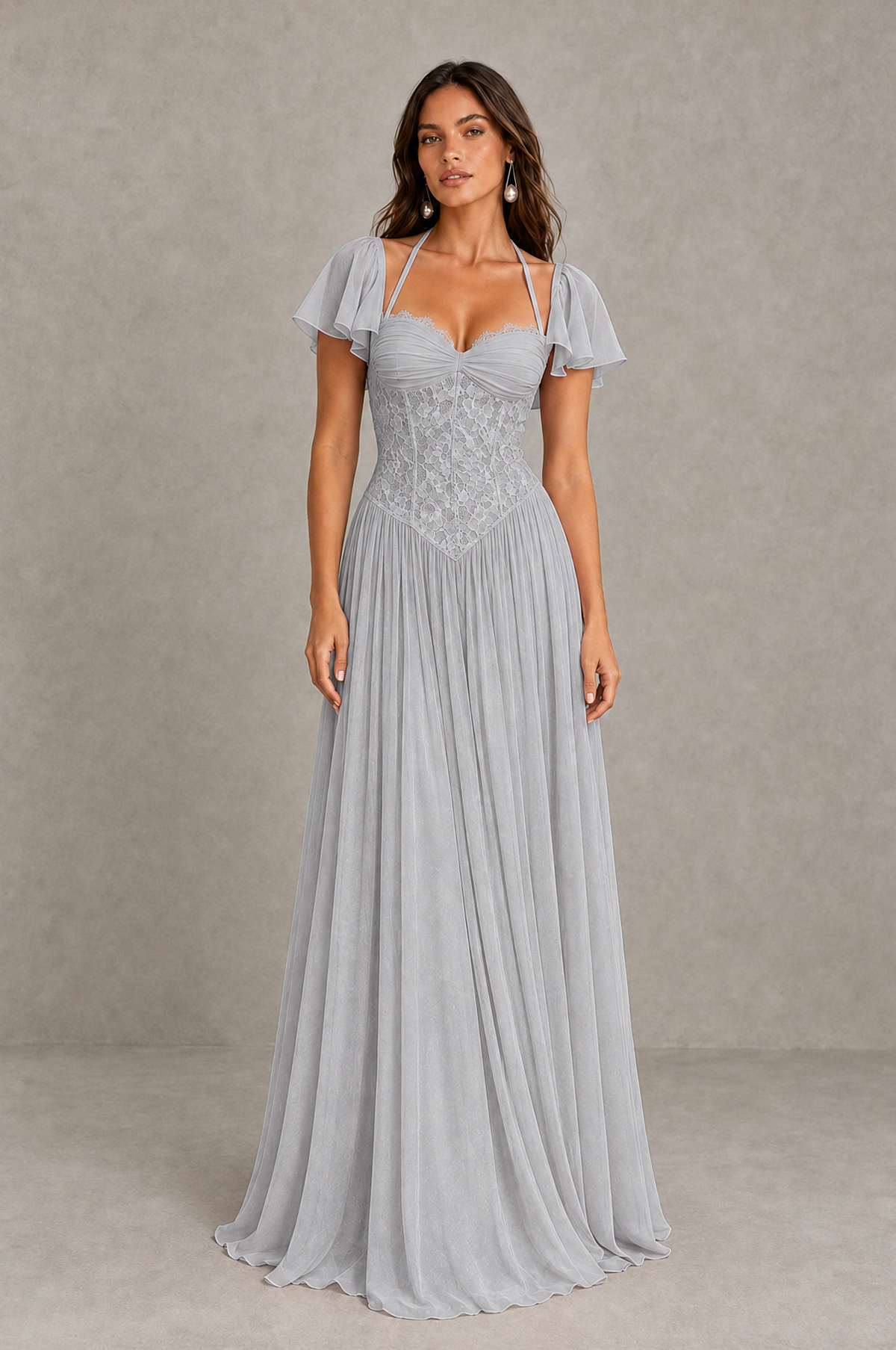 BOLODOO Silver Flutter Sleeve Lace Corset A-Line Maxi Dress 