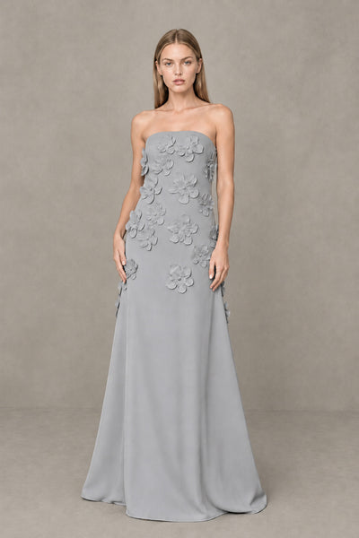 BOLODOO Silver Strapless 3D Floral Appliqué Crepe Maxi Gown 
